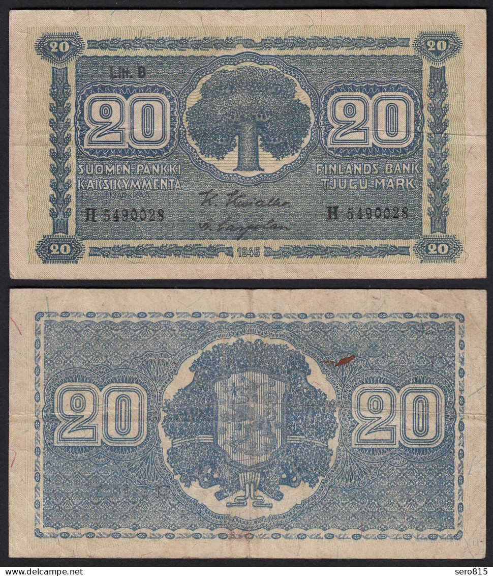 FINNLAND - FINLAND 20 MARKKA 1945 Litt. B PICK 78a VF (3) Serie H   (23653 - Finlande