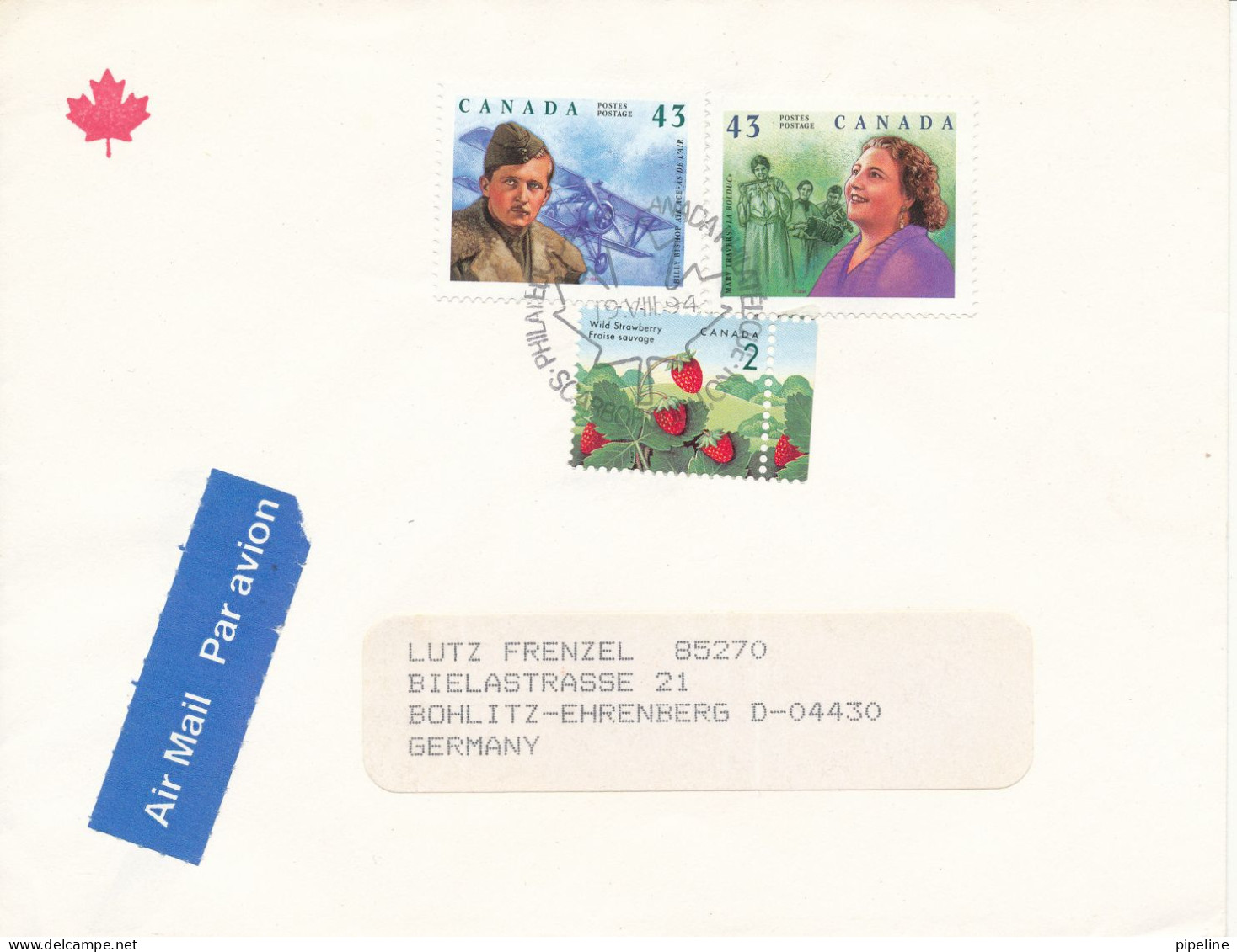 Canada Cover Sent Air Mail To Germany 19-8-1994 Topic Stamps - Luchtpost