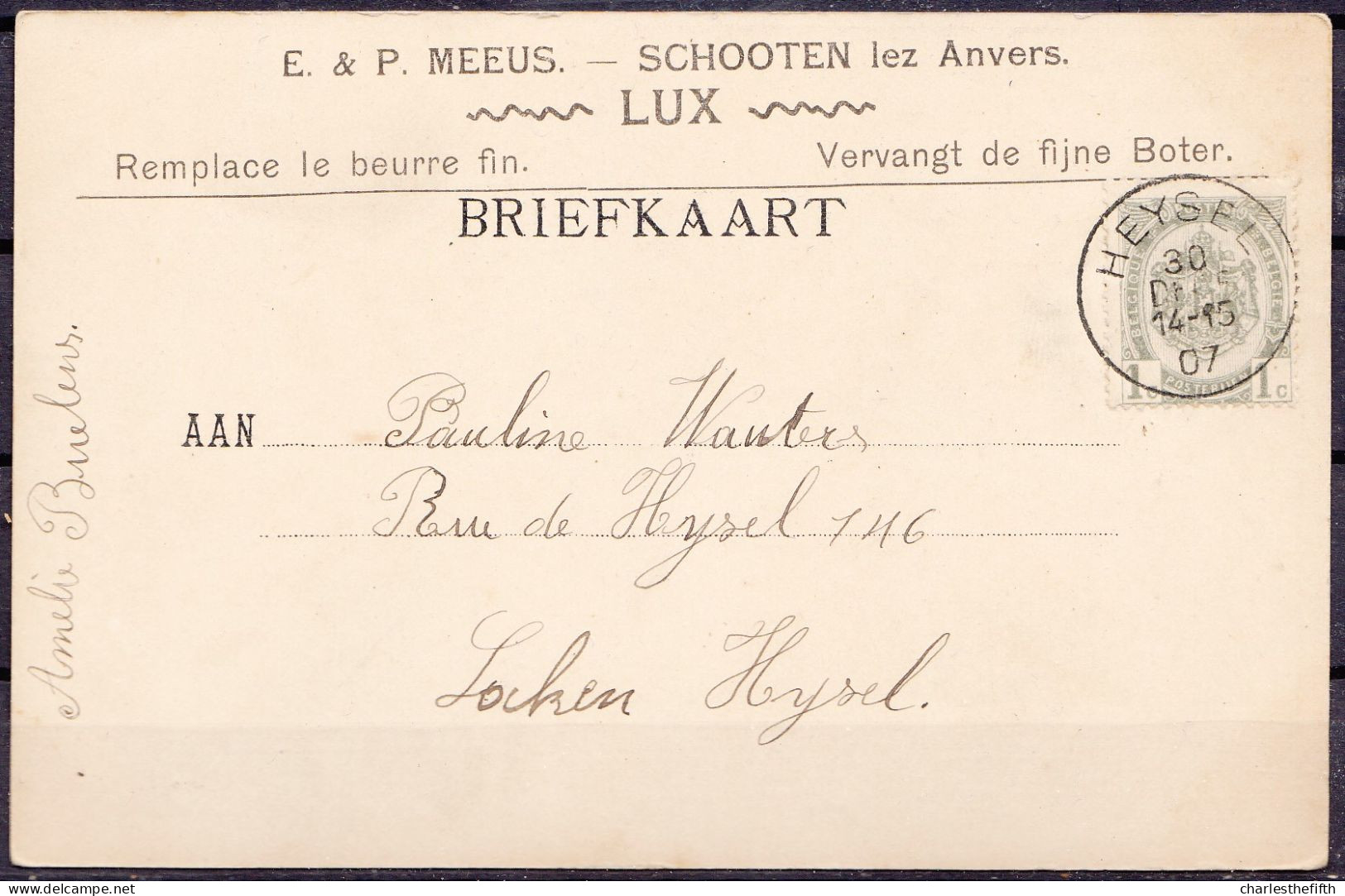 CPA MARGARINE LUX PUBLICITE ART NOUVEAU ( Meeus Schoten ) MET OCB 81 - AFSTEMPELING HEYSEL - COBA 30 - 1893-1907 Coat Of Arms