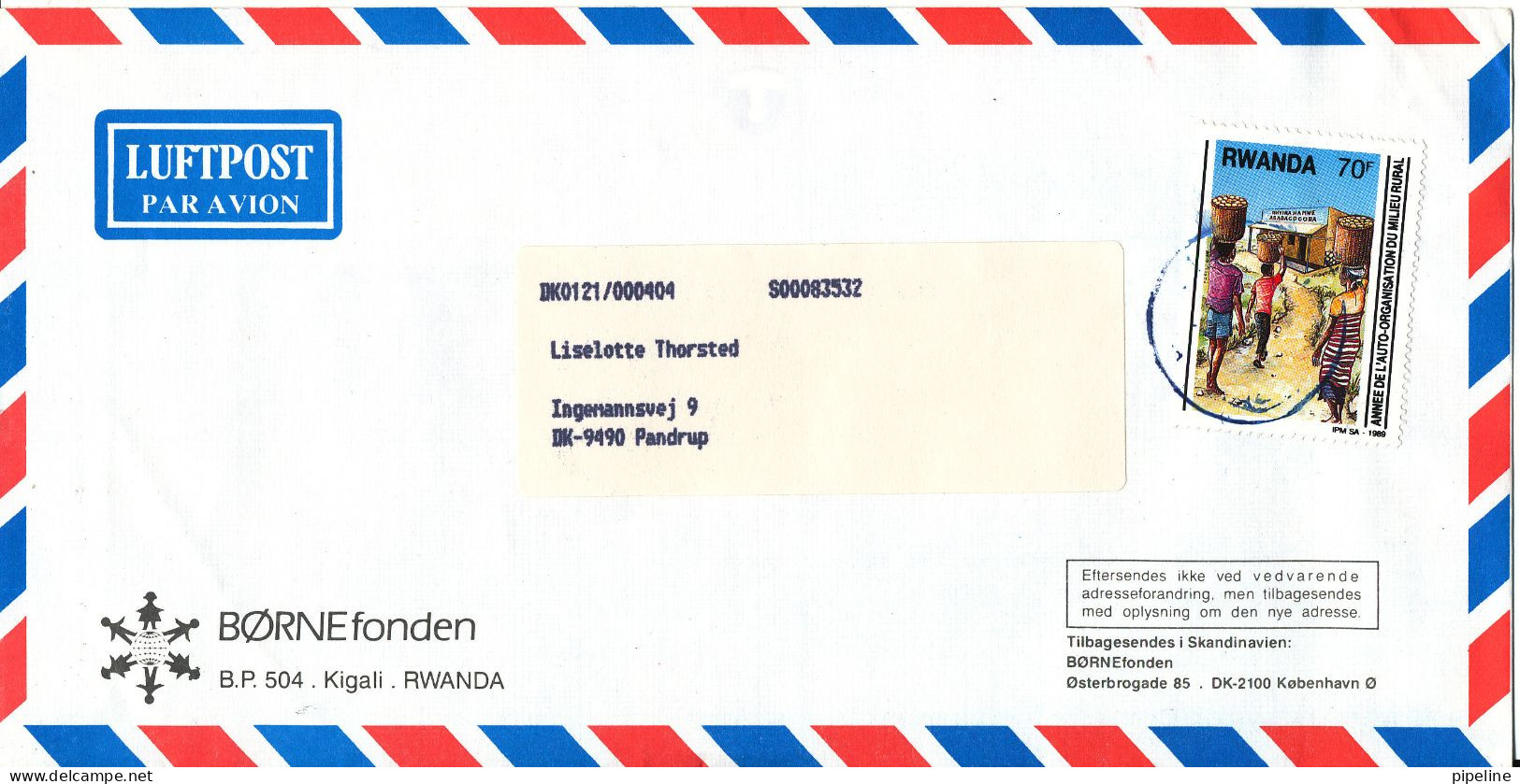 Rwanda Air Mail Cover BÖRNEFONDEN Sent To Denmark 1989 Topic Single Stamp - Usados
