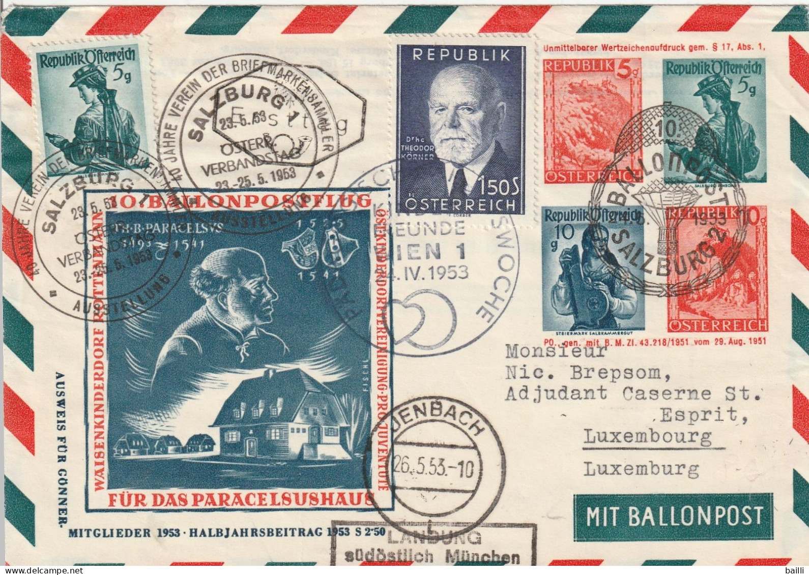 Autriche Entier Postal Illustré Poste Par Ballon Salzburg 1953 - Buste