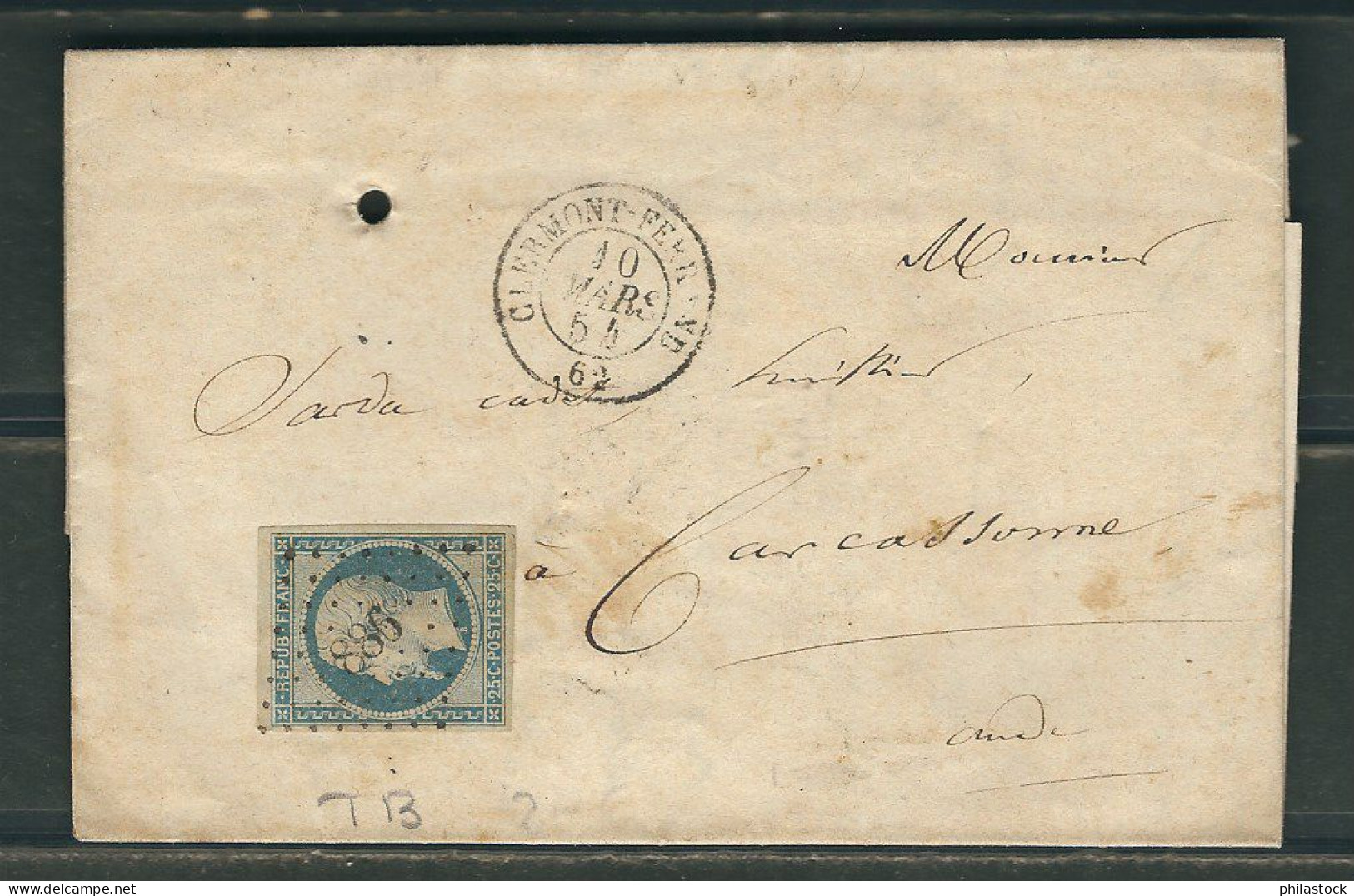 FRANCE 1855 N° 10 Obl.S/Lettre PC  886 Clermont Ferrand Pour Carcassonne - 1852 Louis-Napoleon