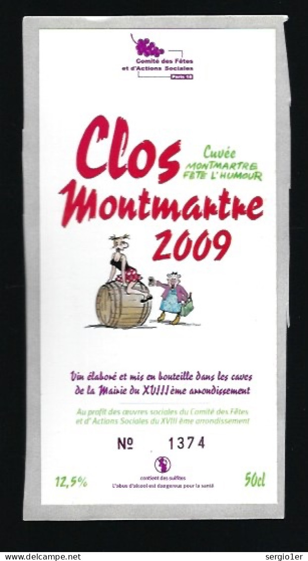Etiquette Vin Clos Montmartre 2009 Caves Mairie Du XVIII° Paris  N°1374 - Rode Wijn