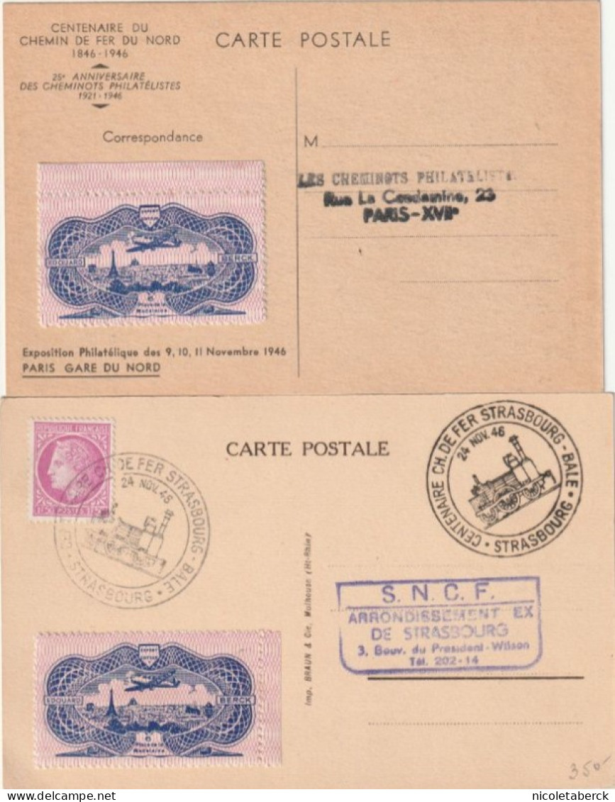 Cérès De Mazelin,  Train Strasbourg Bale 24/11/46 + Exposition Gare Du Nord Avec Vignette. Rare. Collection BERCK. - 1945-47 Cérès De Mazelin