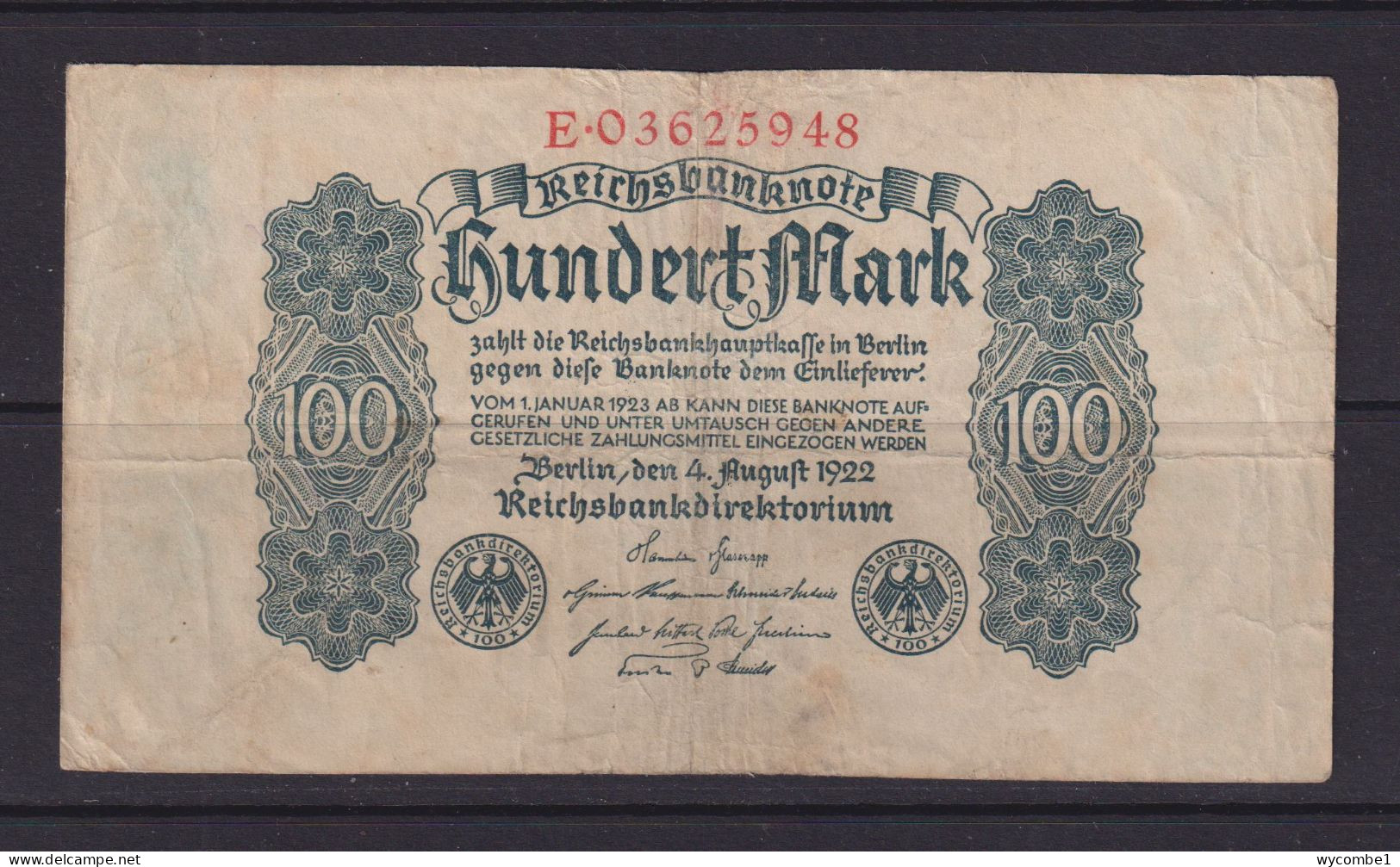 GERMANY - 1922 100  Mark Circulated Banknote - 100 Mark