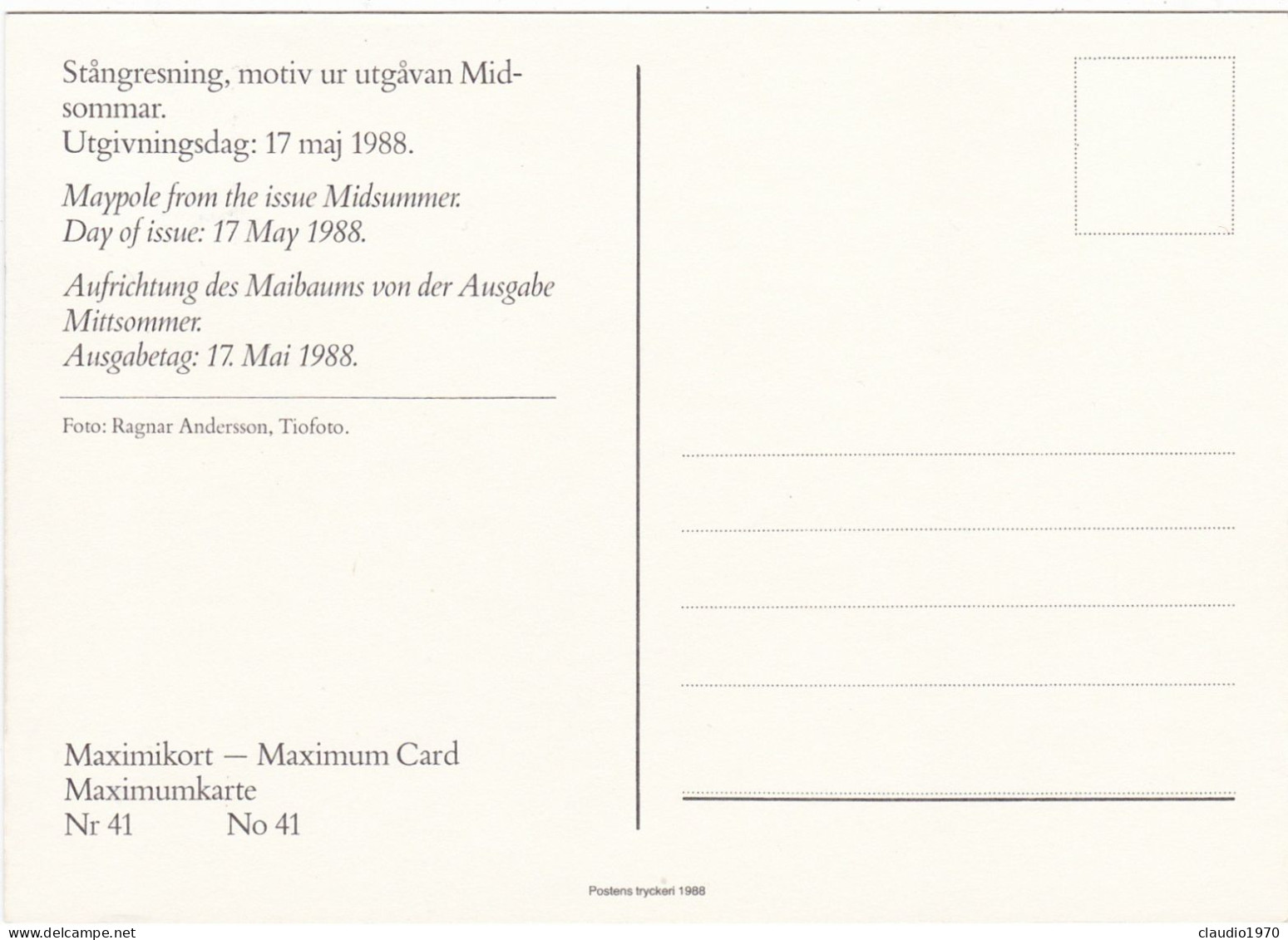 SVEZIA - SVERIGE - CARTOLINA - MAXIMIKORT - MAXIMUM CARD - 1988 - Maximumkaarten (CM)