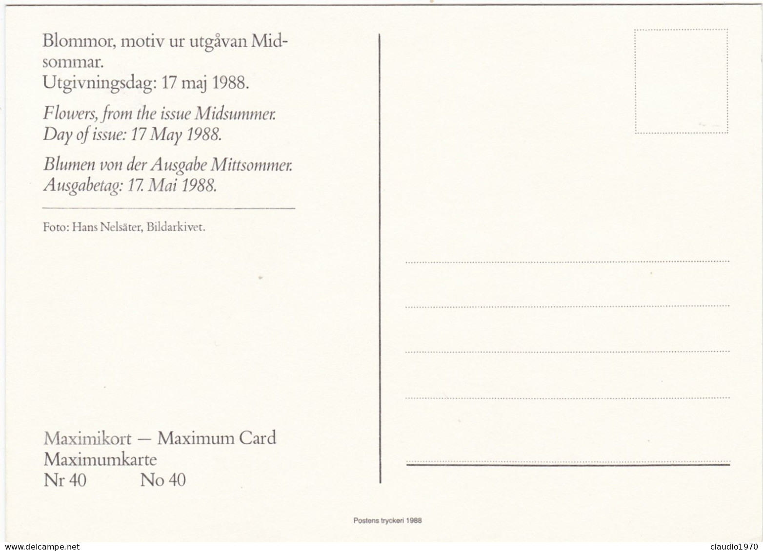SVEZIA - SVERIGE - CARTOLINA - MAXIMIKORT - MAXIMUM CARD - 1988 - Cartoline Maximum