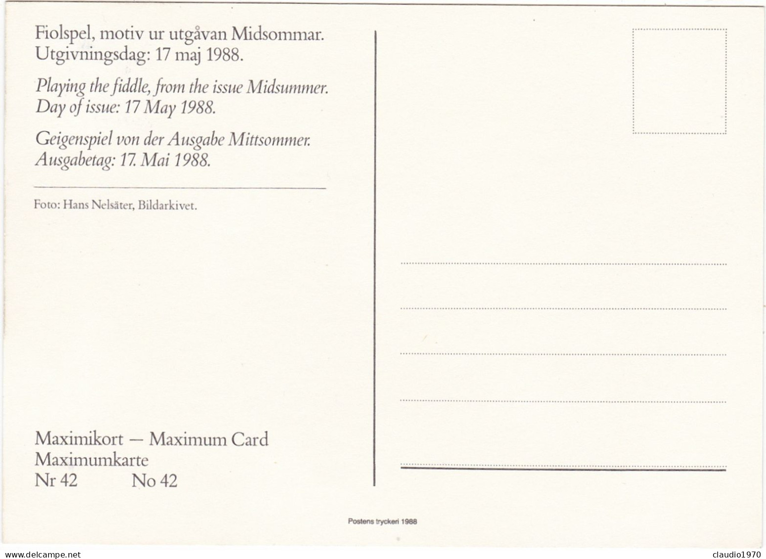 SVEZIA - SVERIGE - CARTOLINA - MAXIMIKORT - MAXIMUM CARD - 1988 - Maximumkaarten (CM)