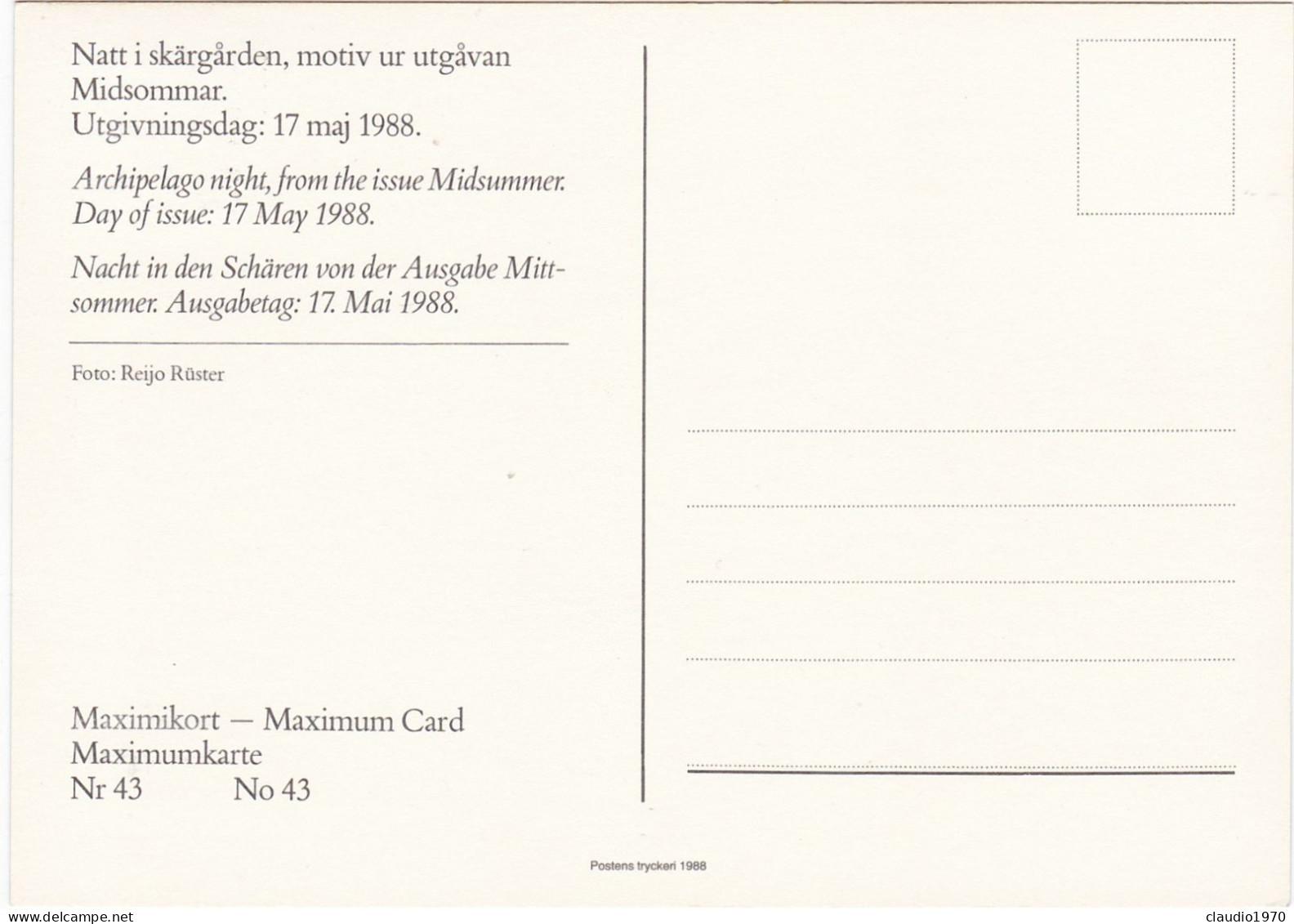 SVEZIA - SVERIGE - CARTOLINA - MAXIMIKORT - MAXIMUM CARD - 1988 - Cartes-maximum (CM)