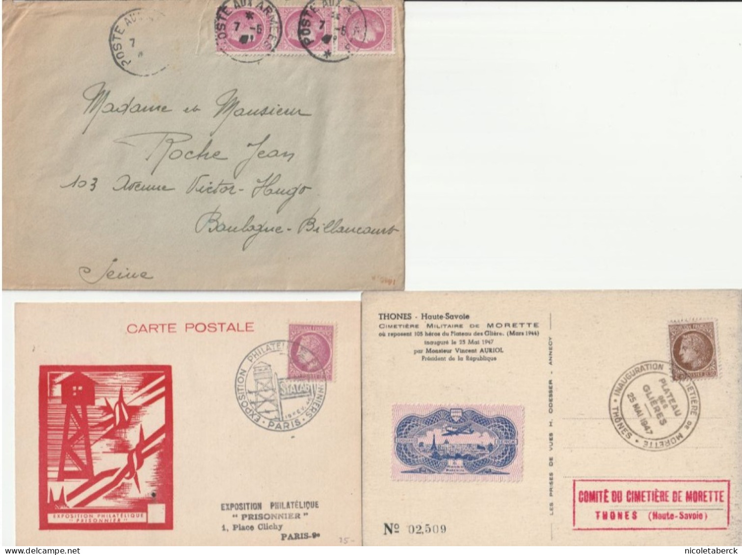 Cérès De Mazelin, Obl: Postes Aux Armées  + Carte Stalag  + Carte Cimetière De Morette. Rare. Collection BERCK. - 1945-47 Ceres (Mazelin)