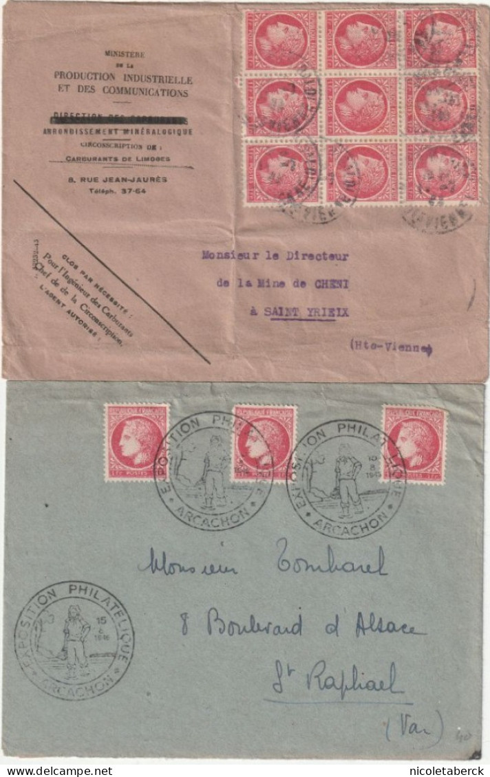 Cérès De Mazelin, N°676 Bloc De 9 Sur Enveloppe 12/7/46 + Exposition Arcachon 15/8/46 - 1945-47 Ceres Of Mazelin