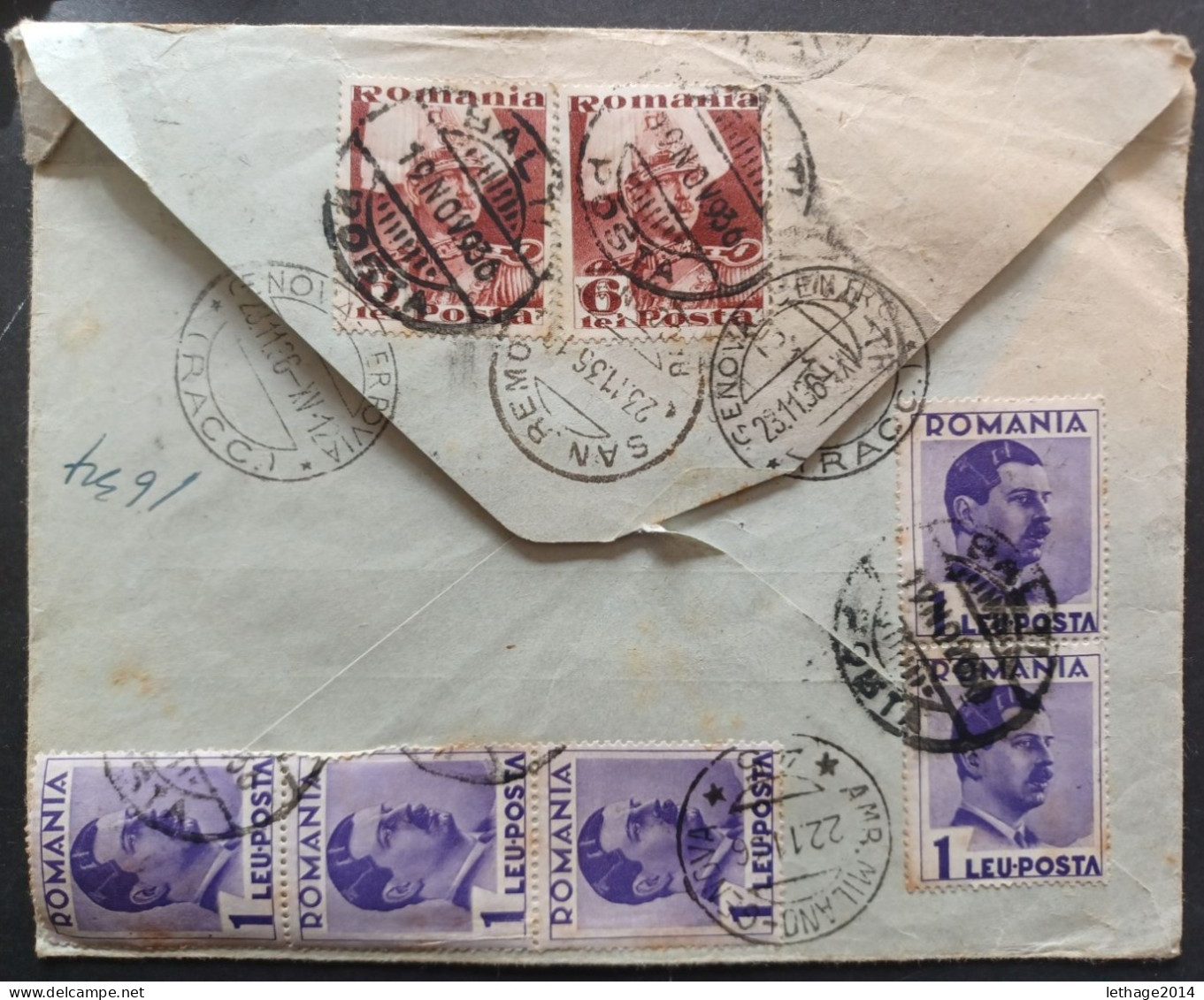 ROMANIA 1936 REGISTERED MAIL COVER TO ITALY MANY STAMPS -- GIULY - Covers & Documents