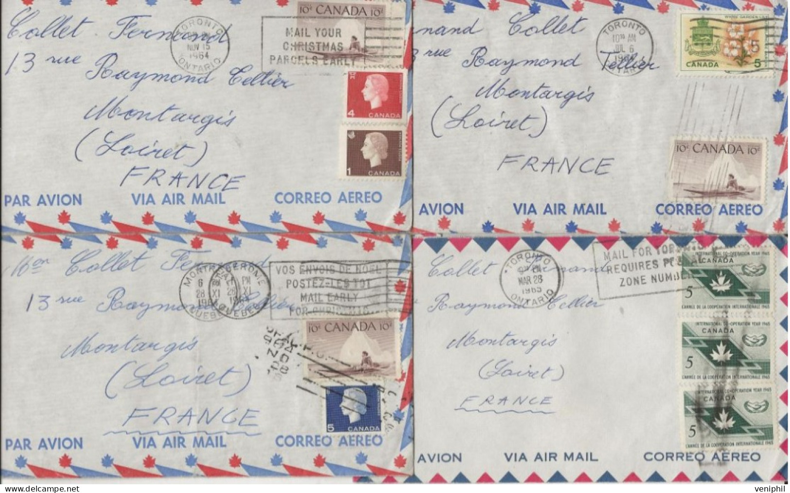 CANADA  - LOT DE 4 LETTRES DES ANNEES 1960  A DESTINATION FRANCE -AFFRANCHISSEMENTS DIVERS . - Lettres & Documents