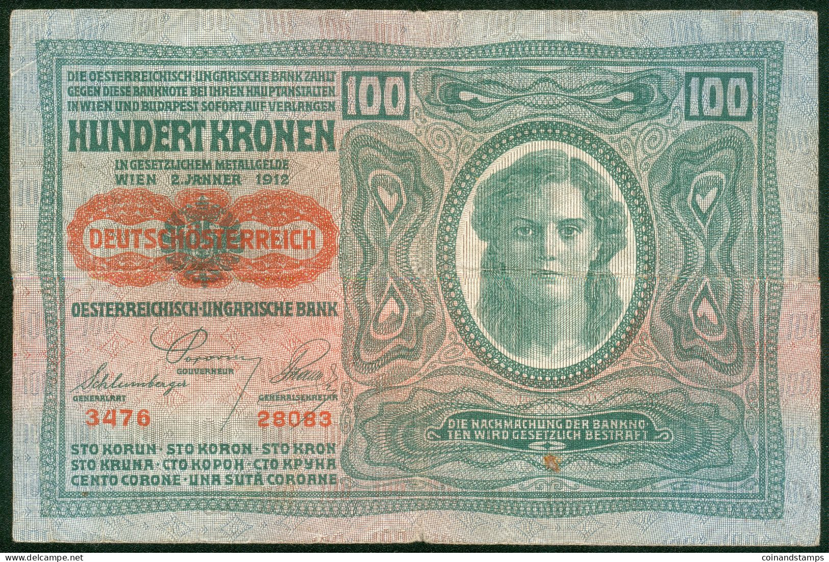 Deutschösterreich 100 Kronen 1912 Nr.3476 28083, II- - Austria