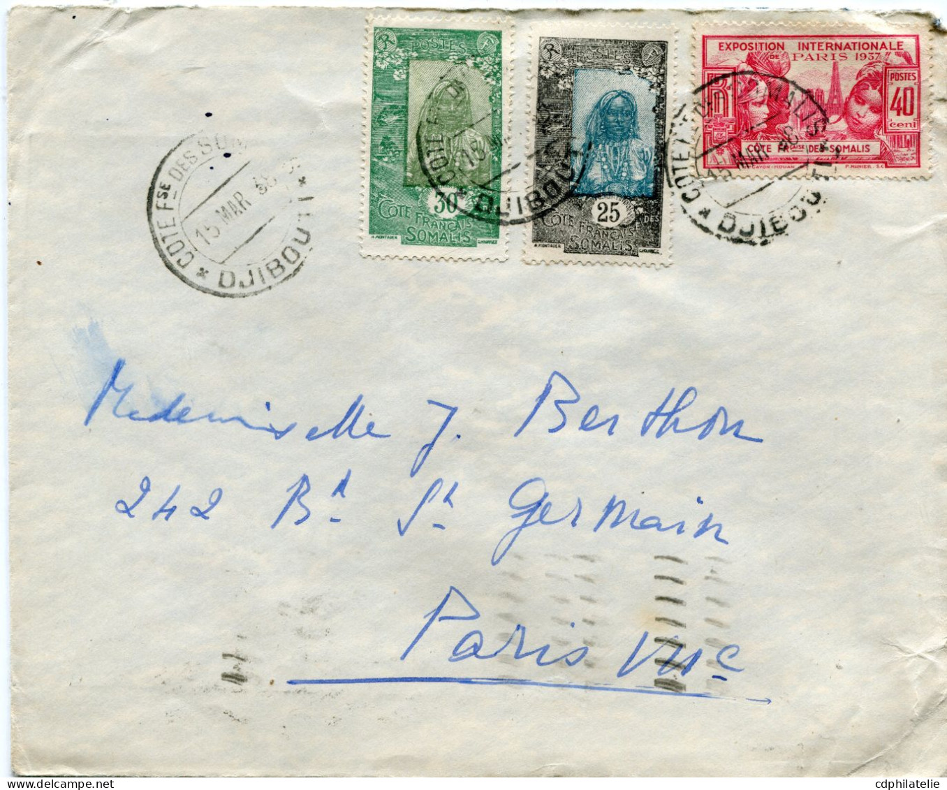 COTE FRANCAISE DES SOMALIS LETTRE DEPART DJIBOUTI 15 MAR 38 POUR LA FRANCE - Covers & Documents