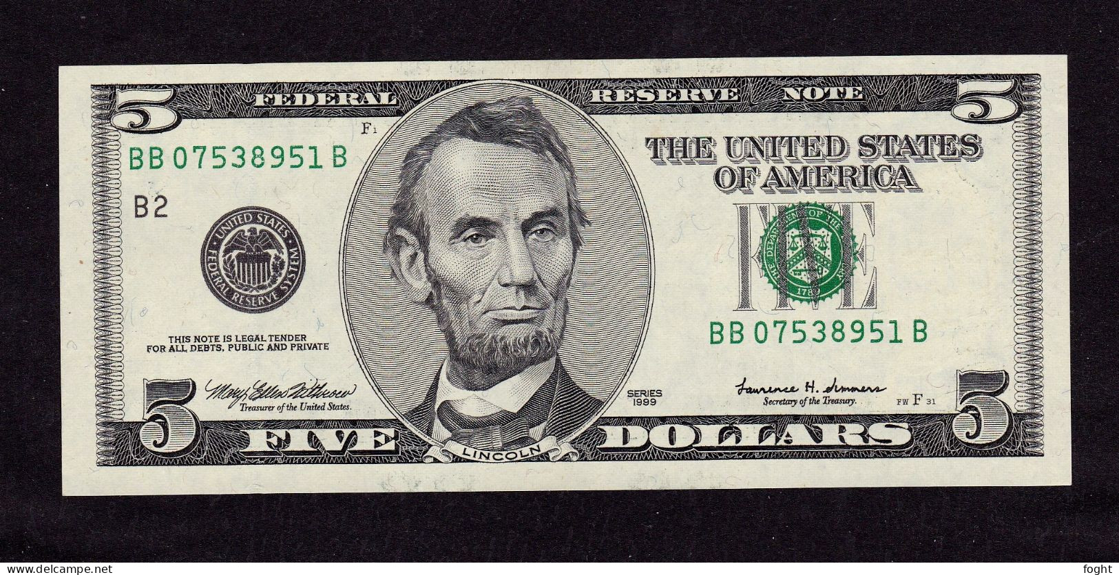 1999 B2 US Federal Reserve Note 5 Dollars,P#505 - Federal Reserve (1928-...)