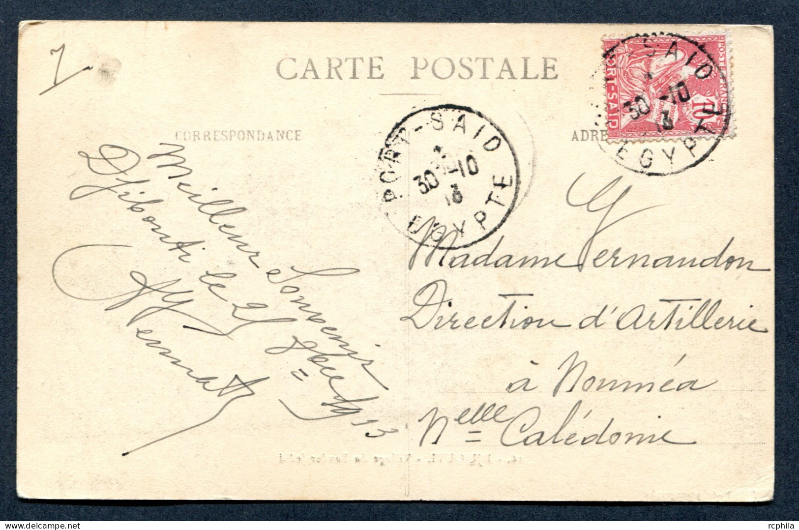 RC 27121 PORT SAID 1913 MOUCHON SUR CP DE DJIBOUTI POUR LA DIRECTION D'ARTILLERIE A NOUMÉA Nelle CALEDONIE - Storia Postale