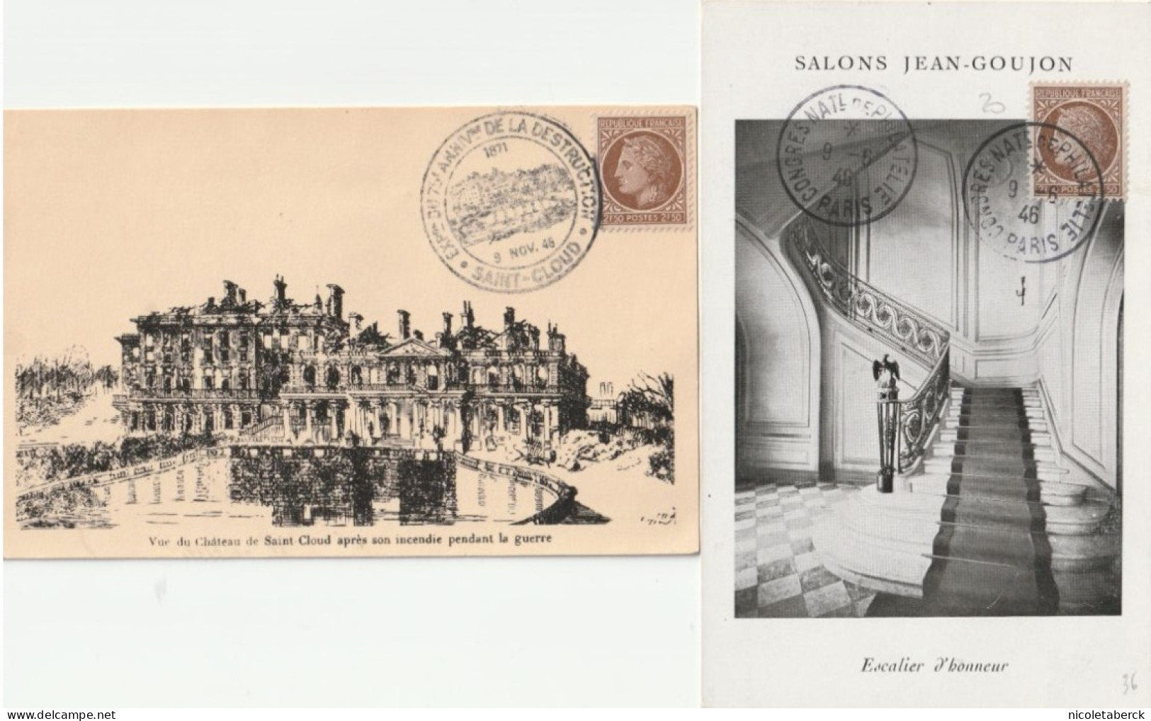 Cérès De Mazelin, Carte Salon Jean Goujon 9/6/46 + St Cloud 9/11/46. Collection BERCK. - 1945-47 Cérès De Mazelin