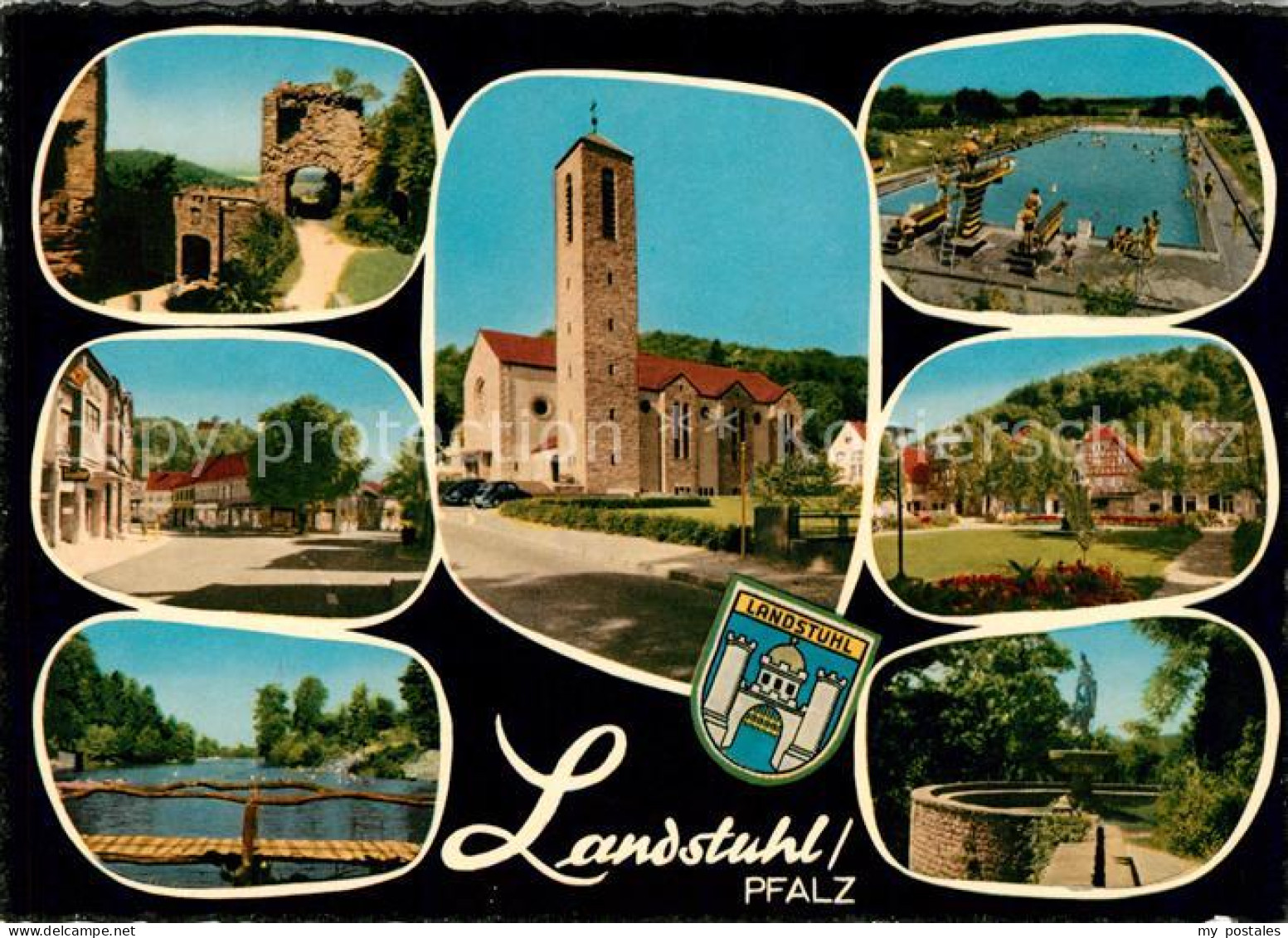 73063905 Landstuhl Burgruine Strassenpartie Bruecke Kirche Schwimmbad Landstuhl - Landstuhl