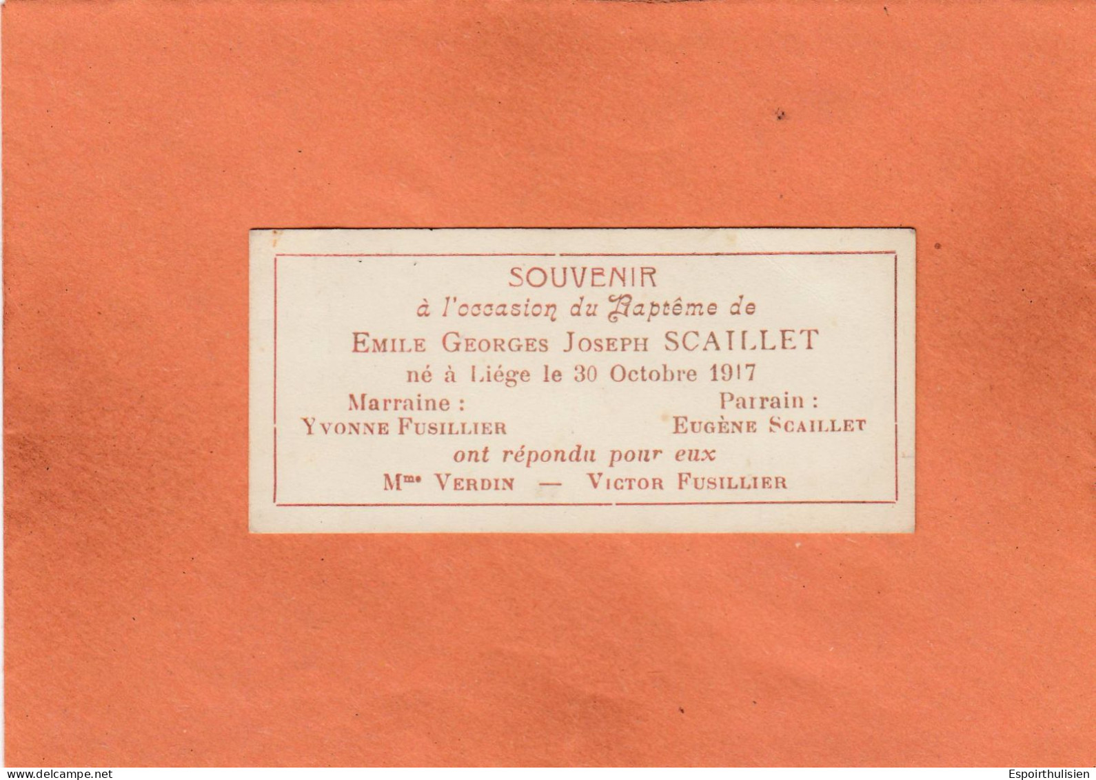LIEGE - FAIRE-PART DE BAPTEME EMILE GEORGES JOSEPH SCAILLET - NE LE 30 OCTOBRE 1917 - 219 - Nascita & Battesimo