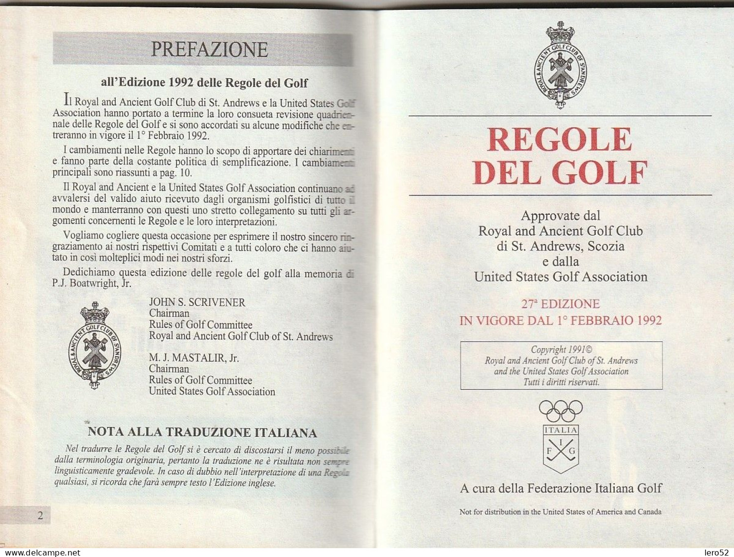 SPORT REGOLE DEL GOLF THE ROYAL AND ANCIENT GOLF CLUB OS St. ANDREWS ANNO 1992 - Sonstige & Ohne Zuordnung