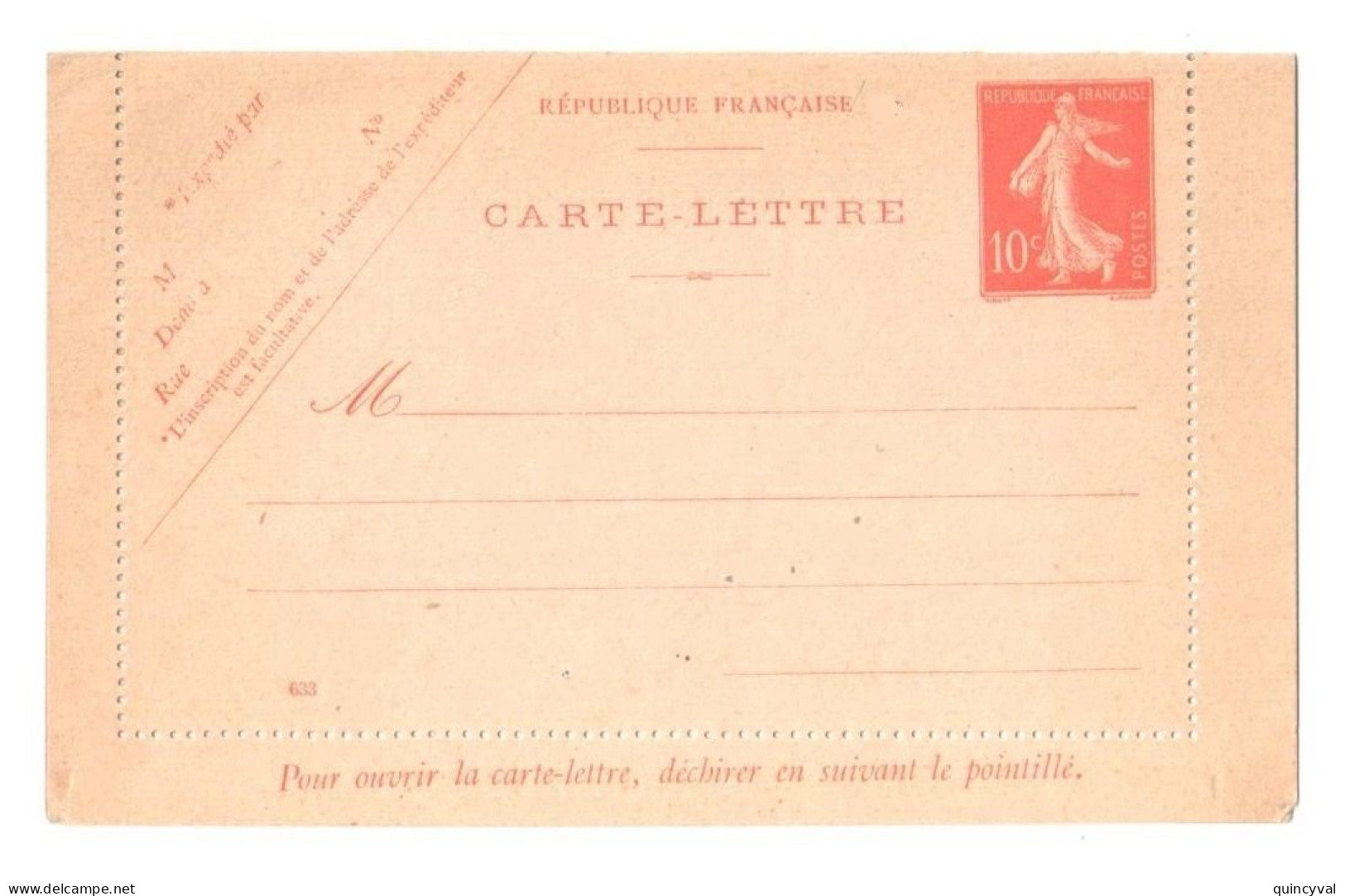 Entier Postal Carte Lettre 10c Semeuse Rouge Mill 633 Yv 138-CL1 - Cartas & Documentos