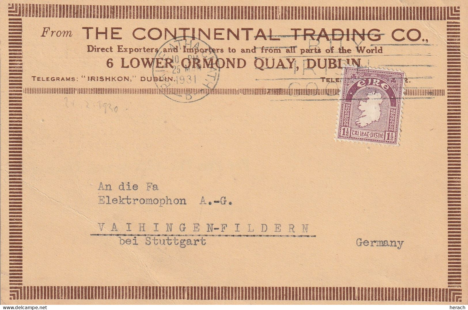 Irlande Carte Pour L'Allemagne 1931 - Lettres & Documents