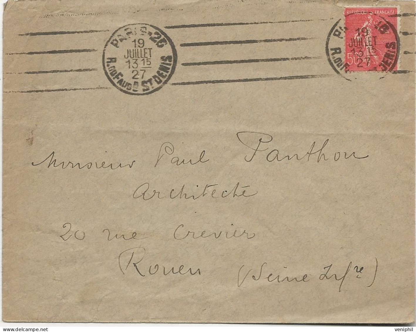 LETT RE AFFRANCHIE N° 199- OBLTEREE DATEUR  KRAG 1 ERE GENERATION SUR 4 LIGNES  CAD PARIS 26 - ANNEE 1927 - Mechanical Postmarks (Other)