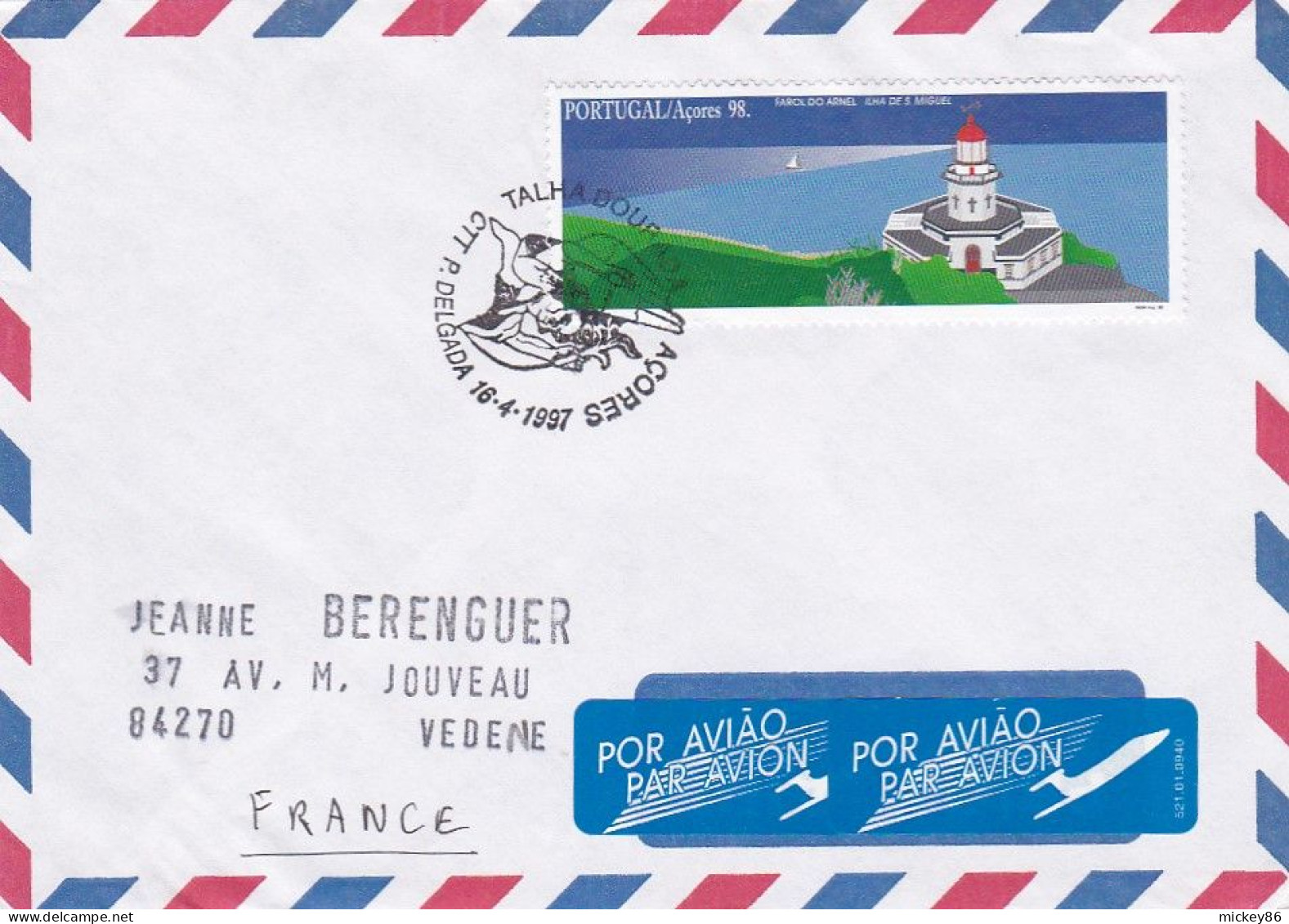 PORTUGAL-1997-Lettre De Açores Pour VEDENE-84  (France)--beau Timbre Farol Do Arnel (phare)  Seul Sur Lettre..cachet - Cartas & Documentos