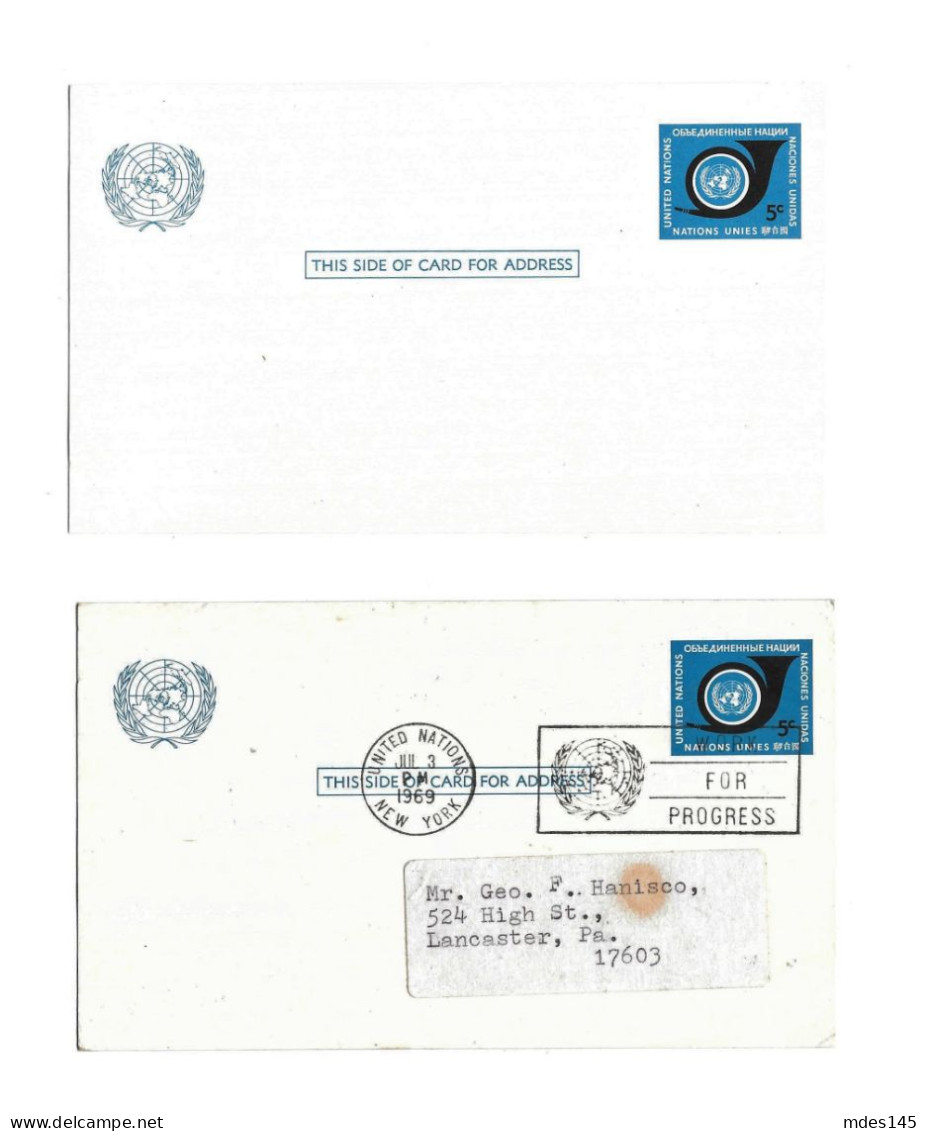 UN 2 United Nations 1969 5c Postal Card UX4 1 Work For Progress Slogan Cancel - Other & Unclassified