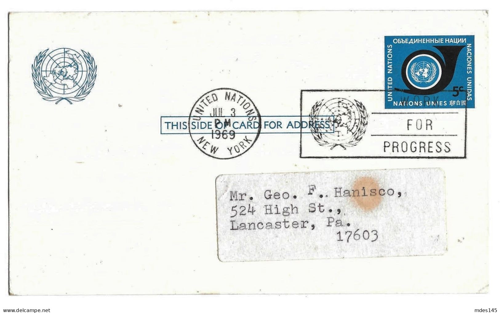UN 2 United Nations 1969 5c Postal Card UX4 1 Work For Progress Slogan Cancel - Altri & Non Classificati