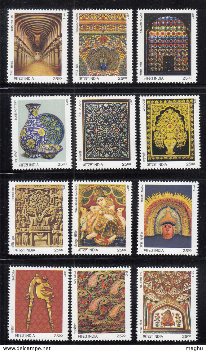 India MNH 2017  Splendour Set / Happy New Year Art Painting Buddha Tree Peacock Pot Stained Glass Stone Mineral - Unused Stamps