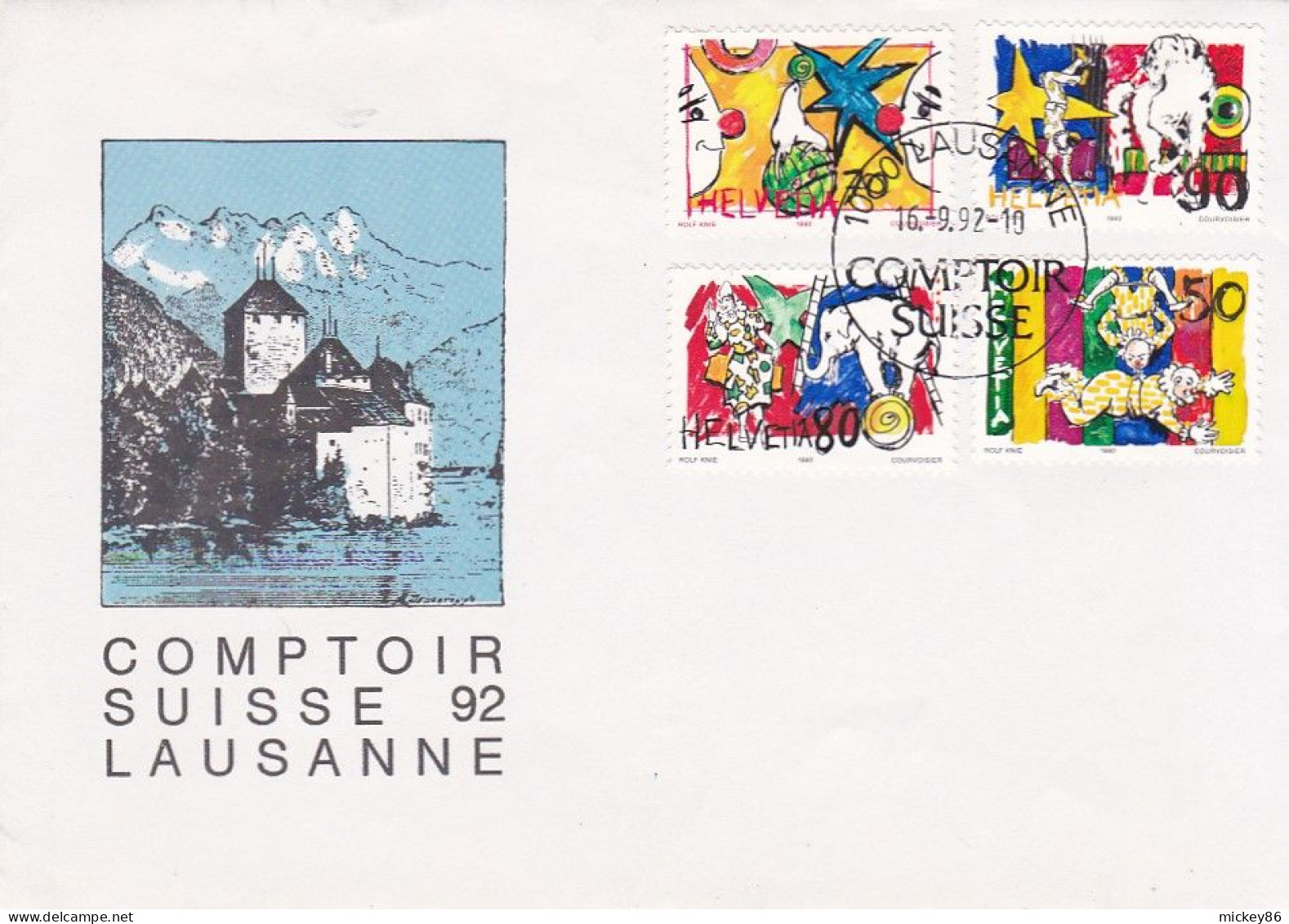 Suisse -1992-- Enveloppe Illustrée  LAUSANNE -- COMPTOIR SUISSE --Belle Composition De Timbres ( Cirque) ..cachet - Brieven En Documenten