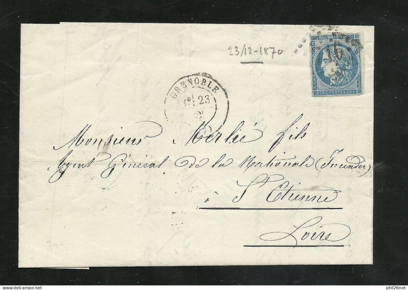 France N°45A Sur Lettre Grenoble Le 23/12/1870 Pour Saint - Etienne Le 24/12/1870 Oblitéré TB  Soldé  ! ! ! - 1870 Emission De Bordeaux