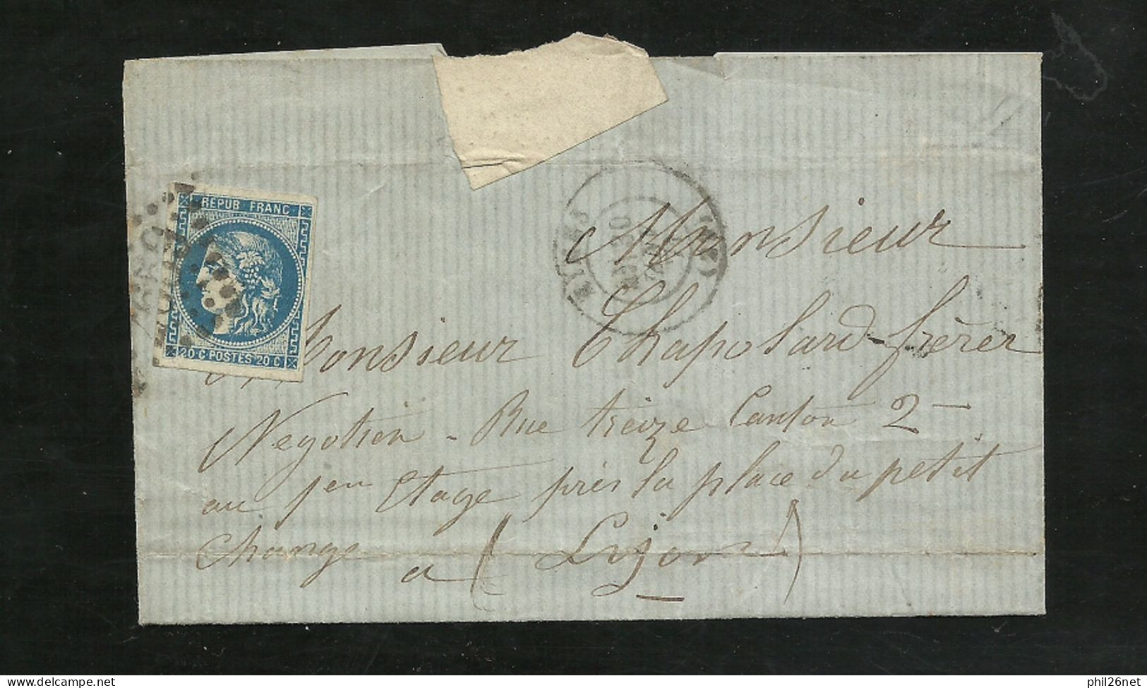 France  N°46Ab Bleu Foncé Sur Pli Nimes Du 30/01/1871 Pour Lyon Le 31/01/1871   TB Soldé  ! ! ! - 1870 Emission De Bordeaux