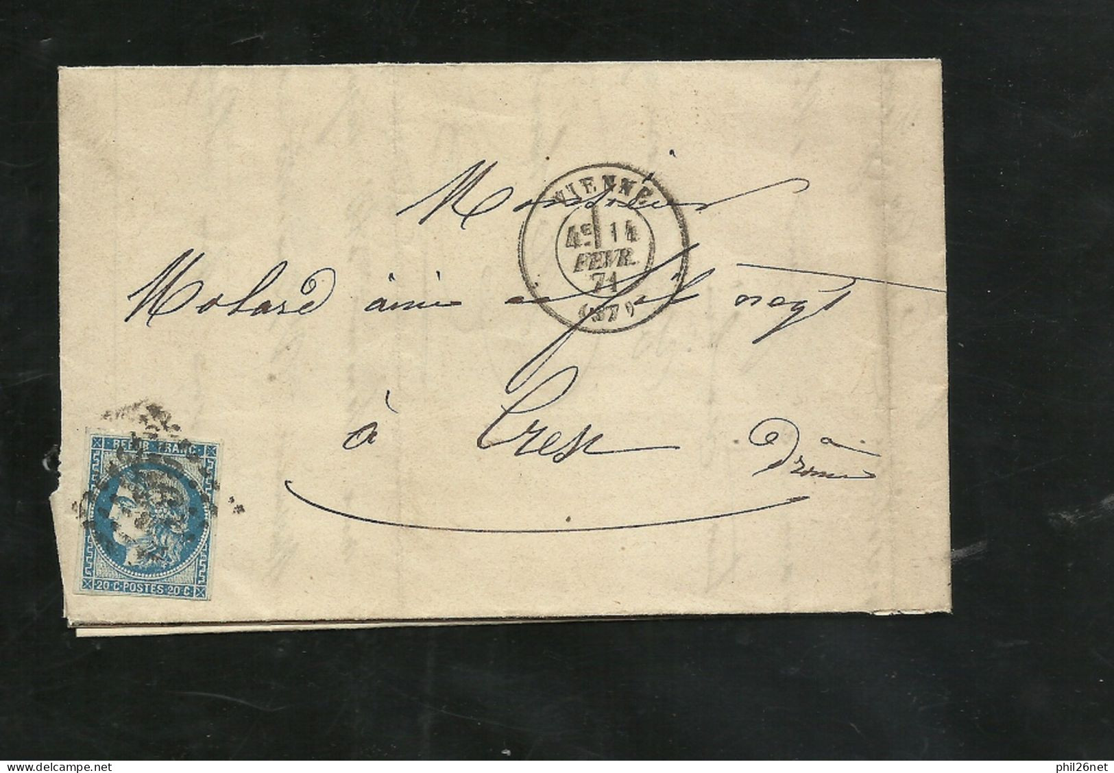 France  Lettre Chemins De Fer  PLM De Vienne Le 14/02/1871 Pour Crest Le 15/02/1871 Avec N°46Ab  TB Soldé  ! ! ! - 1870 Emission De Bordeaux