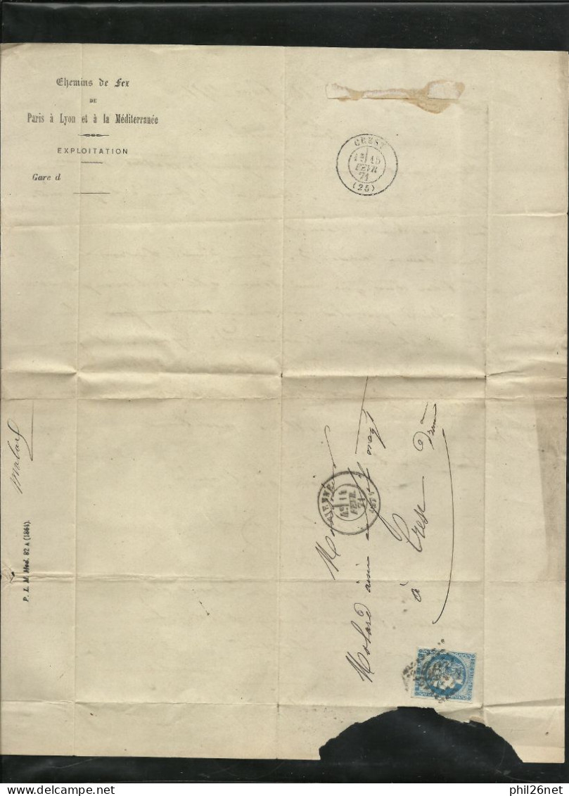 France  Lettre Chemins De Fer  PLM De Vienne Le 14/02/1871 Pour Crest Le 15/02/1871 Avec N°46Ab  TB Soldé  ! ! ! - 1870 Emission De Bordeaux