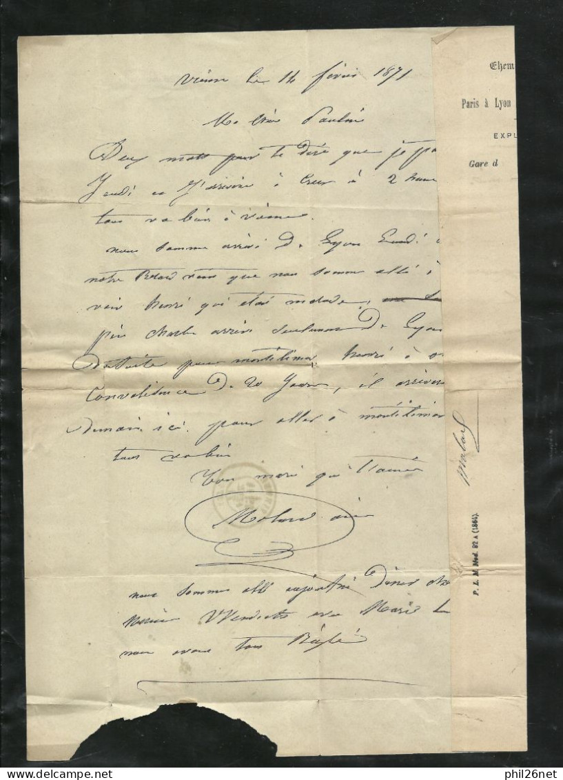 France  Lettre Chemins De Fer  PLM De Vienne Le 14/02/1871 Pour Crest Le 15/02/1871 Avec N°46Ab  TB Soldé  ! ! ! - 1870 Emission De Bordeaux