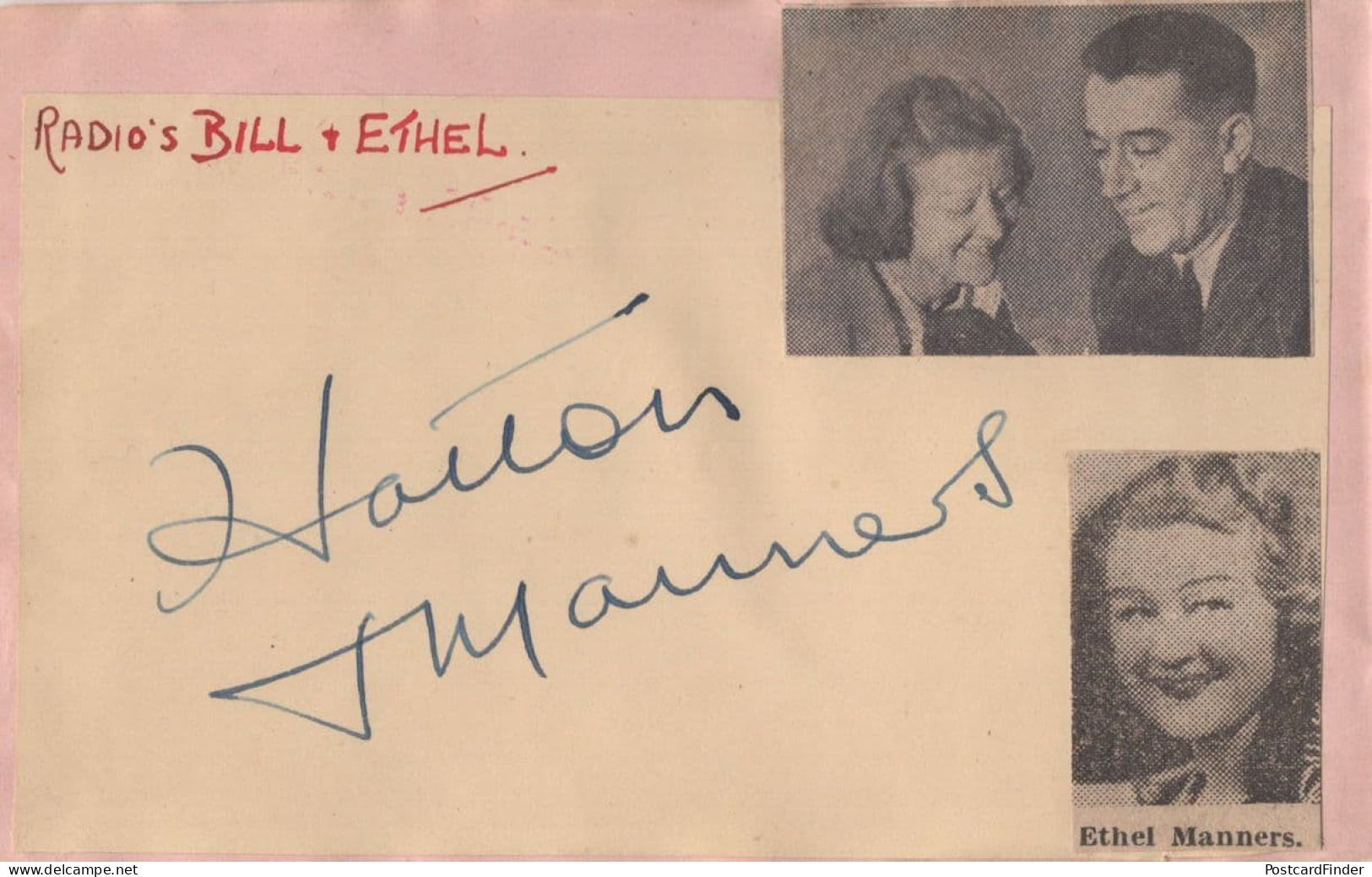 Bill Hatton & Ethel Manners BBC Radio Hand Signed Autograph Page - Zangers & Muzikanten