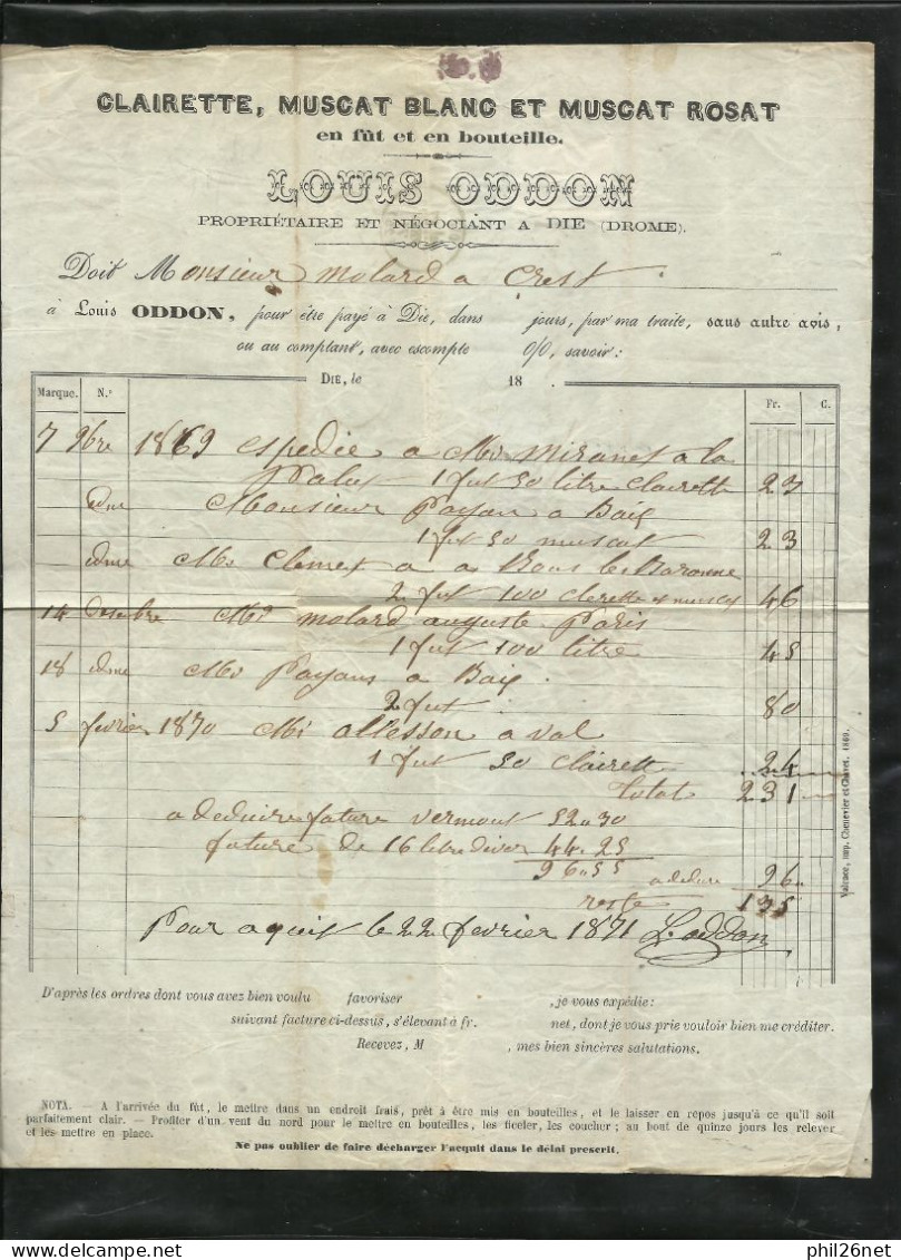 France  Pli Entête Louis Oddon Clairette Muscats De Die 17/02/1871 Pour Crest Le 19/02/1871 Le N°45A  B/TB Soldé  ! ! ! - 1870 Emission De Bordeaux