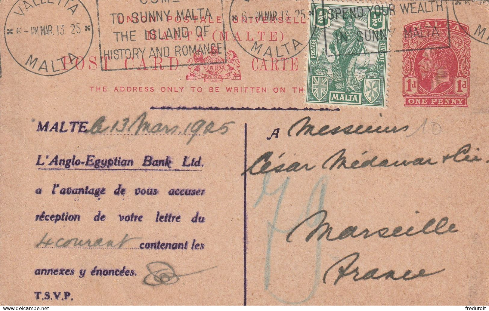 MALTE - Entiers Postaux - De Valletta Le 13/03/1925 Pour La France - Malta