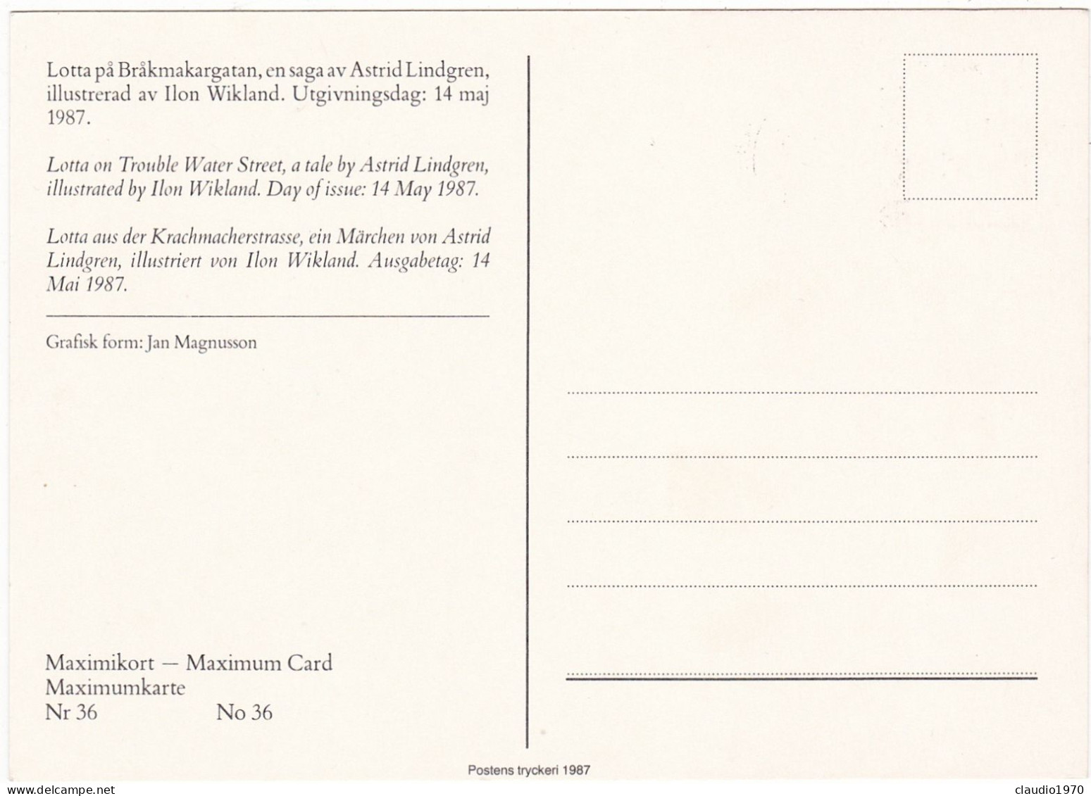 SVEZIA - SVERIGE - CARTOLINA - MAXIMIKORT - MAXIMUM CARD - 1987 - Maximumkarten (MC)