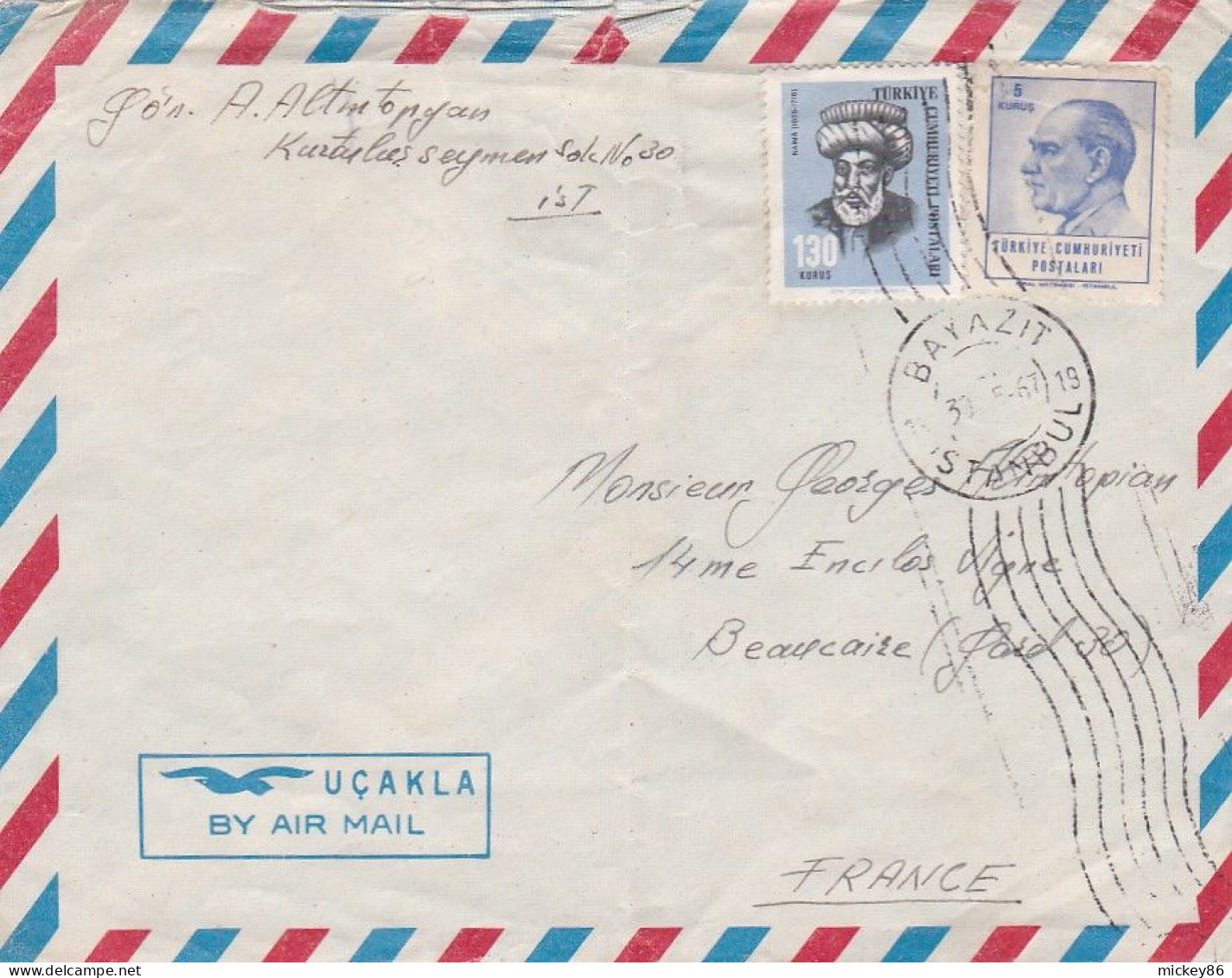 Turquie-1967-Lettre De BAYAZIT ISTAMBUL Pour BEAUCAIRE-30 (France)-timbres ....cachet - Briefe U. Dokumente