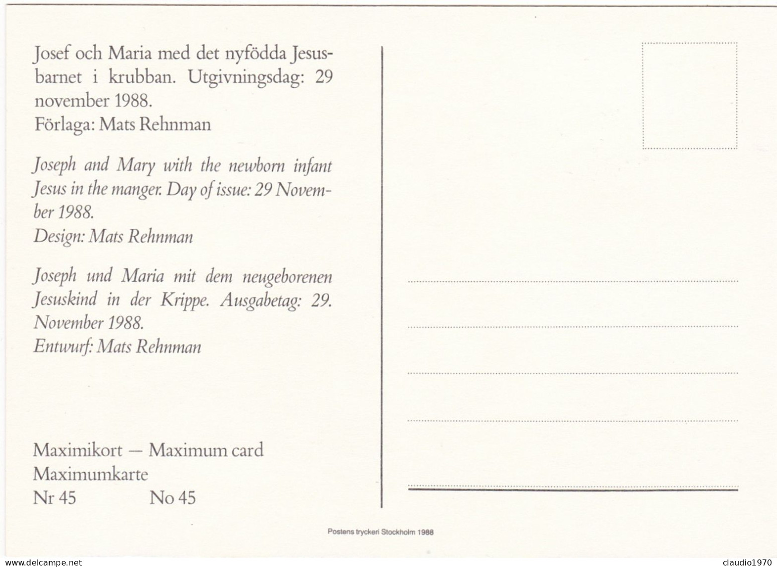 SVEZIA - SVERIGE - CARTOLINA - MAXIMIKORT - MAXIMUM CARD - 1988 - Tarjetas – Máxima
