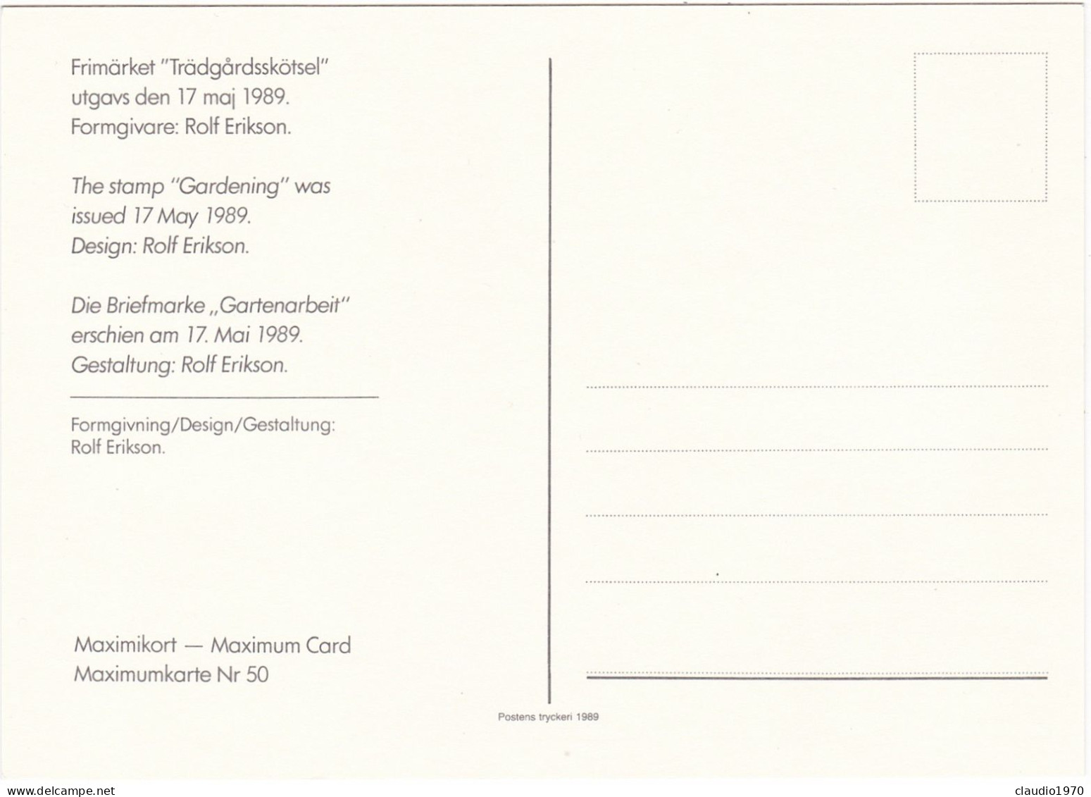 SVEZIA - SVERIGE - CARTOLINA - MAXIMIKORT - MAXIMUM CARD - 1989 - Maximum Cards & Covers