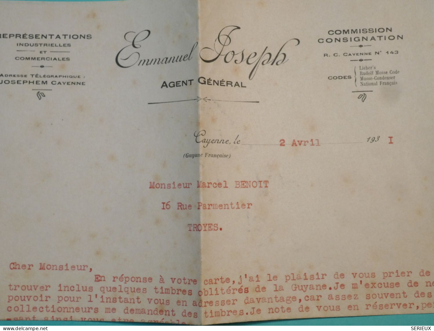 DJ 2 GUYANNE FRANCAISE  LETTRE  1931 CAYENNE  A TROYES FRANCE  +++ DISPERSION D UNE COLLECTION +++ +++ - Covers & Documents