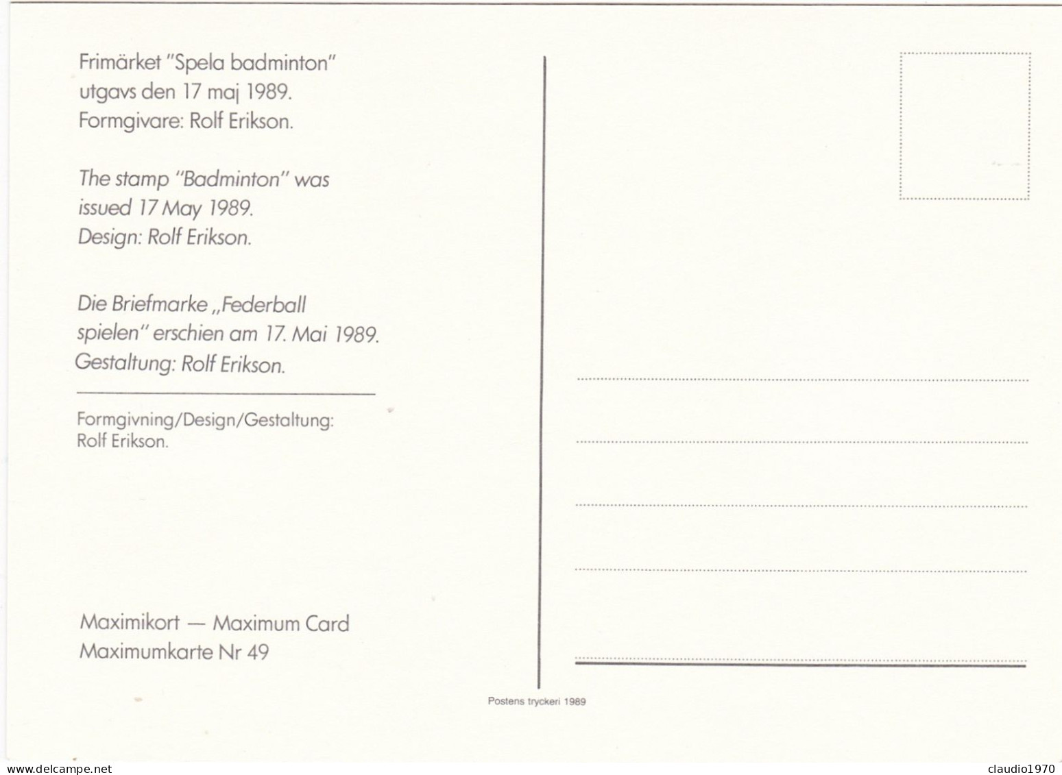 SVEZIA - SVERIGE - CARTOLINA - MAXIMIKORT - MAXIMUM CARD - 1989 - Maximum Cards & Covers