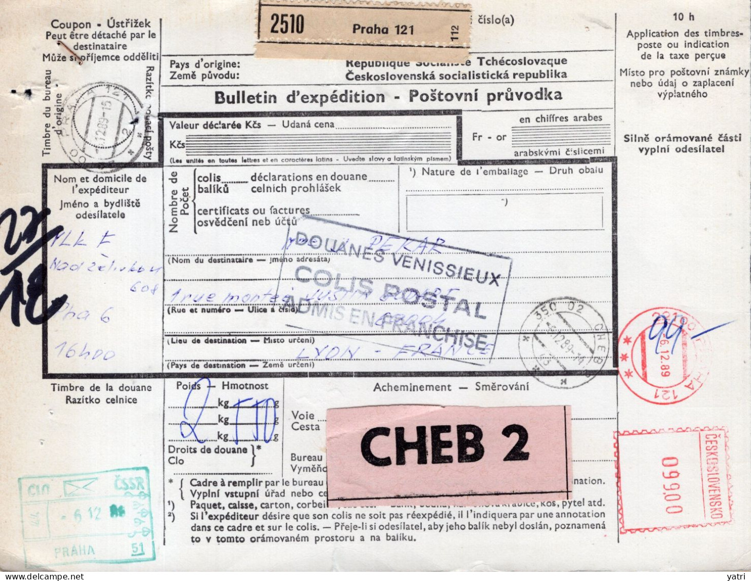 Cecoslovacchia (1989) - Bollettino Pacchi Via Di Superficie Per La Francia - Lettres & Documents