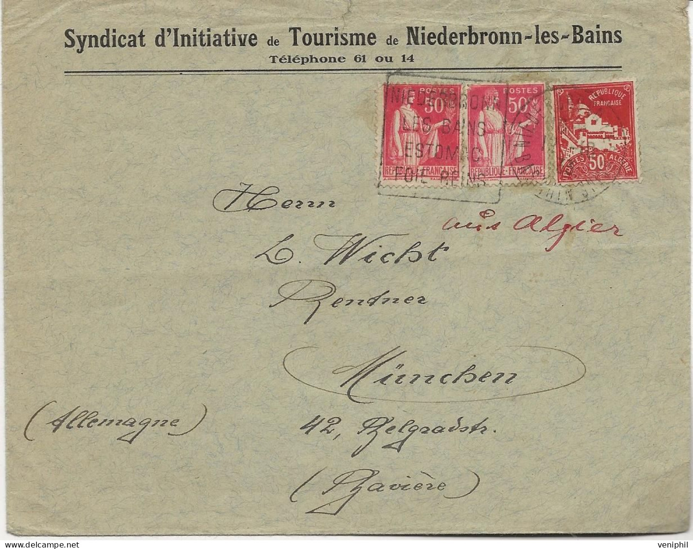 LETTRE AFFRANCHIE N° 283 X2 + ALGERIE N° 79 A -OBLITERATION DAGUIN " NIDERBRONN LES BAINS -ESTOMAC-FOIE-REINS " 1933 - Mechanical Postmarks (Other)