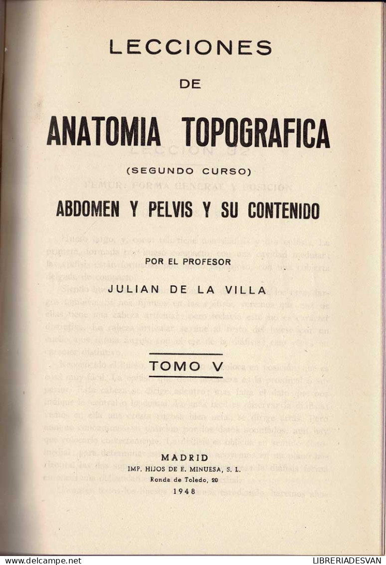 Lecciones de Anatomía Topográfica. 6 tomos en 2 volúmenes - Julián de La Villa